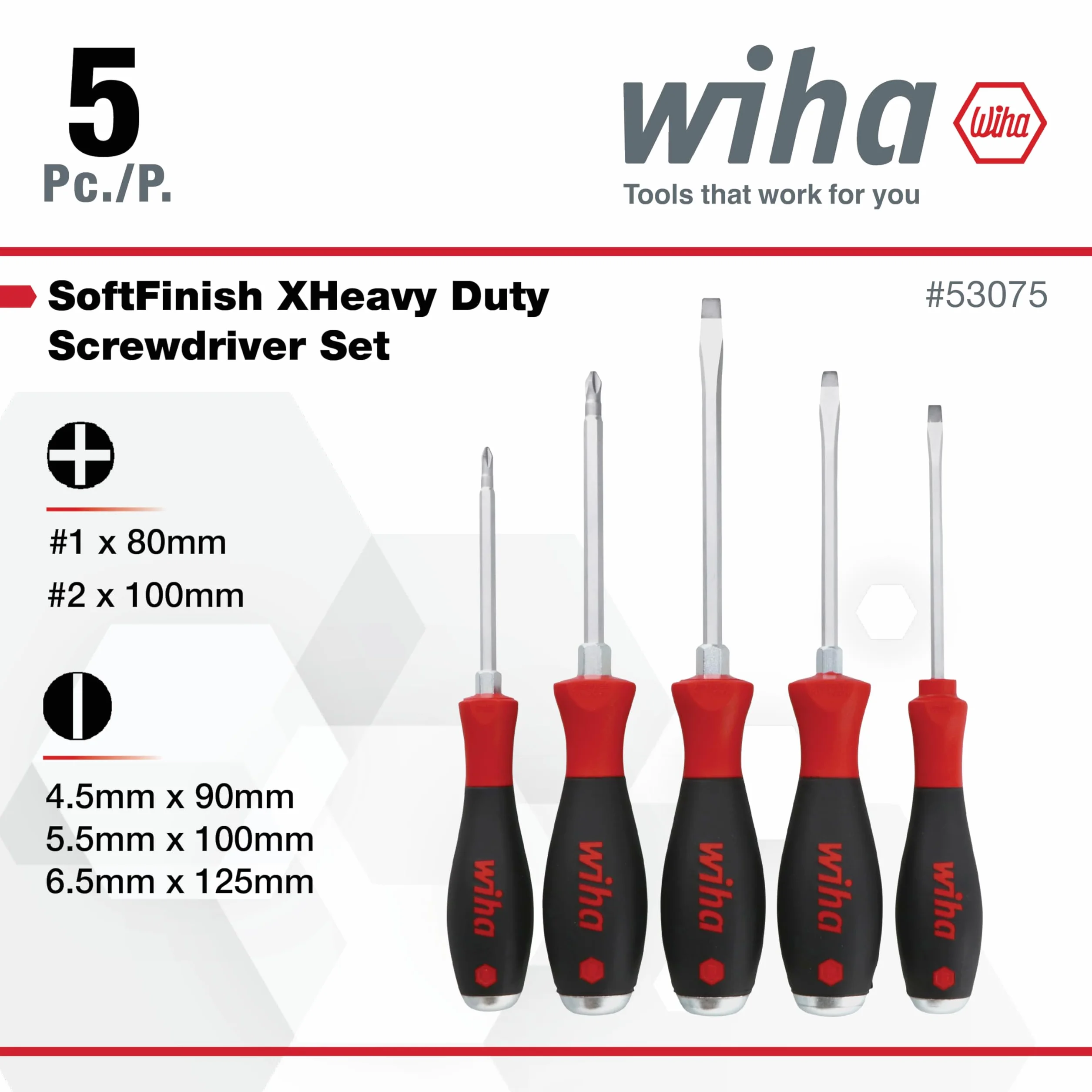 Wiha 53075 Bardzo wytrzymały wkrętak płaski i krzyżowy 5 szt