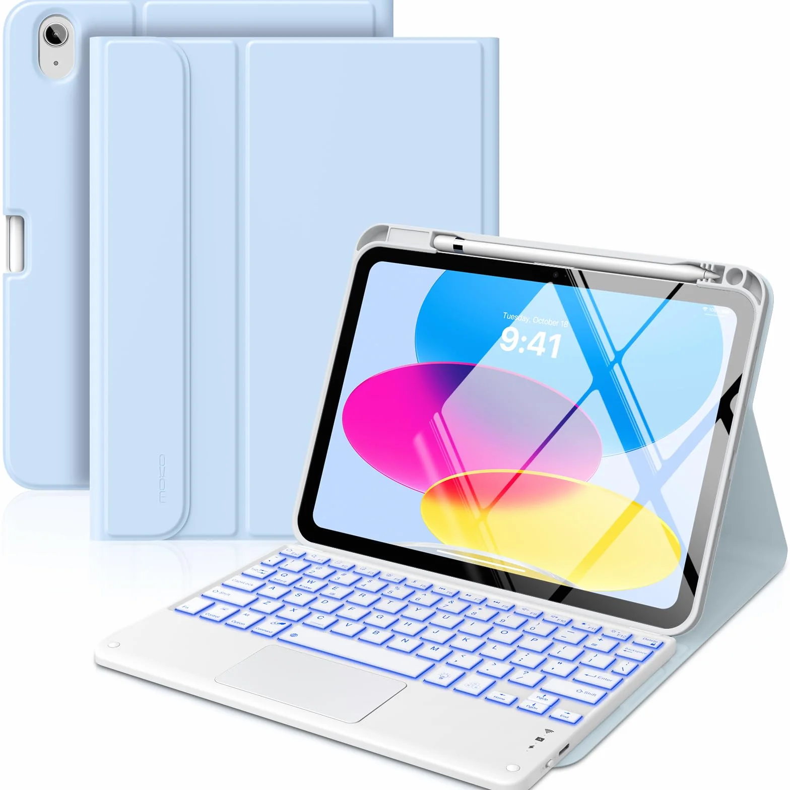 MoKo iPad 11th/10th Generation Case with Keyboard 2025/2024, 7 Colors Backlight & Multi-Touch Trackpad, Detachable Keyboard Folio Stand Cover with Pencil Holder, Sky Blue