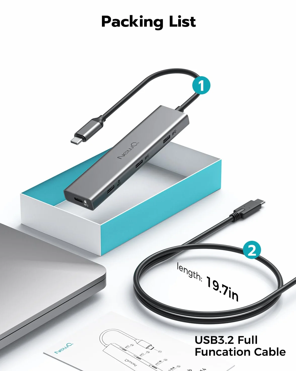 Hub USB C Video Hub NEWQ typ C 3.2 monitor prądu wstecznego, wyświetlacz wideo 4K @ 30-60 Hz, 4 x USB-C 3.2 GEN2 10 Gbit/s, obsługuje PD 100 W max, z kablem wideo