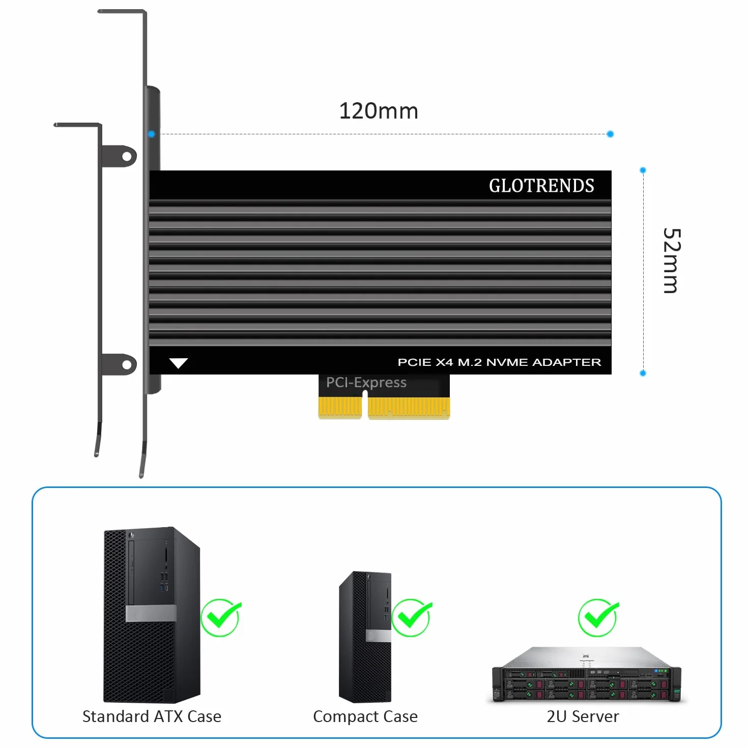 GLOTRENDS PA15 Adapter M.2 NVMe do PCIe 4.0 X4 dla dysków SSD M.2 NVMe, bardzo duży aluminiowy radiator, zwykły i niskoprofilowy wspornik (czarny)