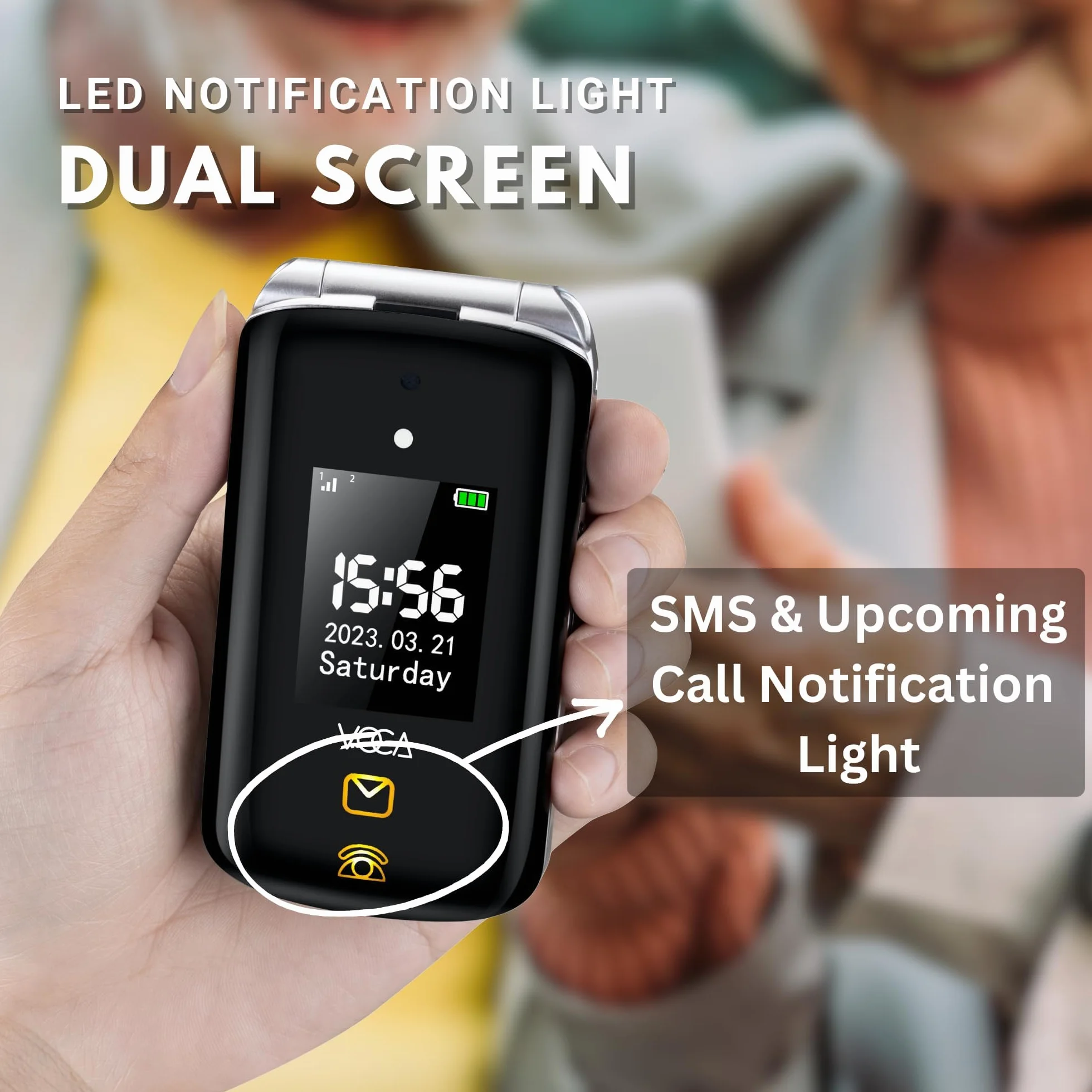 VOCA telefon z klapką z dużymi przyciskami dla seniorów, podwójny ekran, 4G, głośny dźwięk, przycisk SOS, kompatybilność z aparatami słuchowymi, stacja ładująca, przewidywanie tekstu, V543 (Czarny)