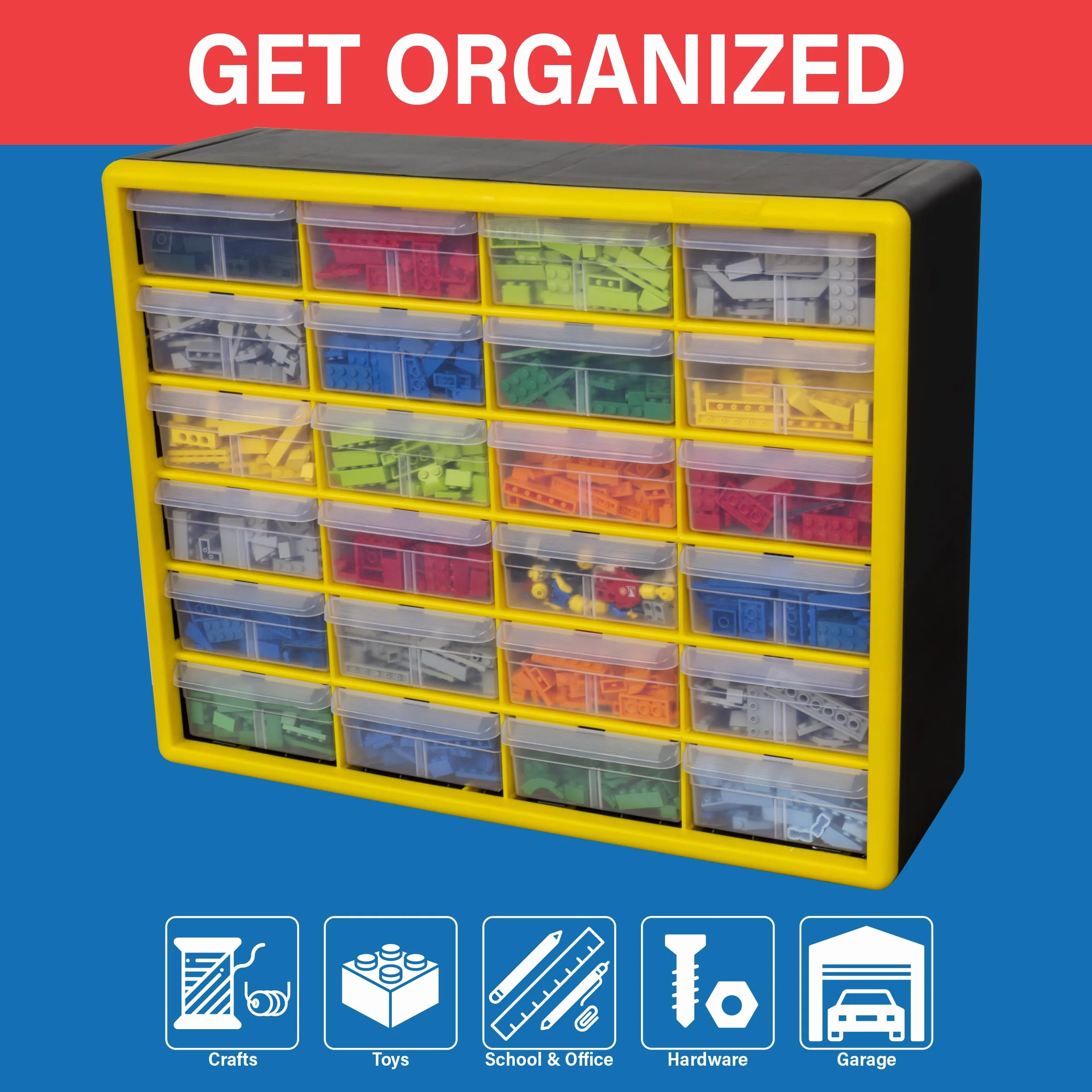 Akro-Mils 10124 Plastikowa szafka z 24 szufladami do przechowywania, do garażu, Lego, na narzędzia, dla nauczycieli, organizer do makijażu i innych, 50 cm szer. x 15 cm gł. x 40 cm wys., żółta