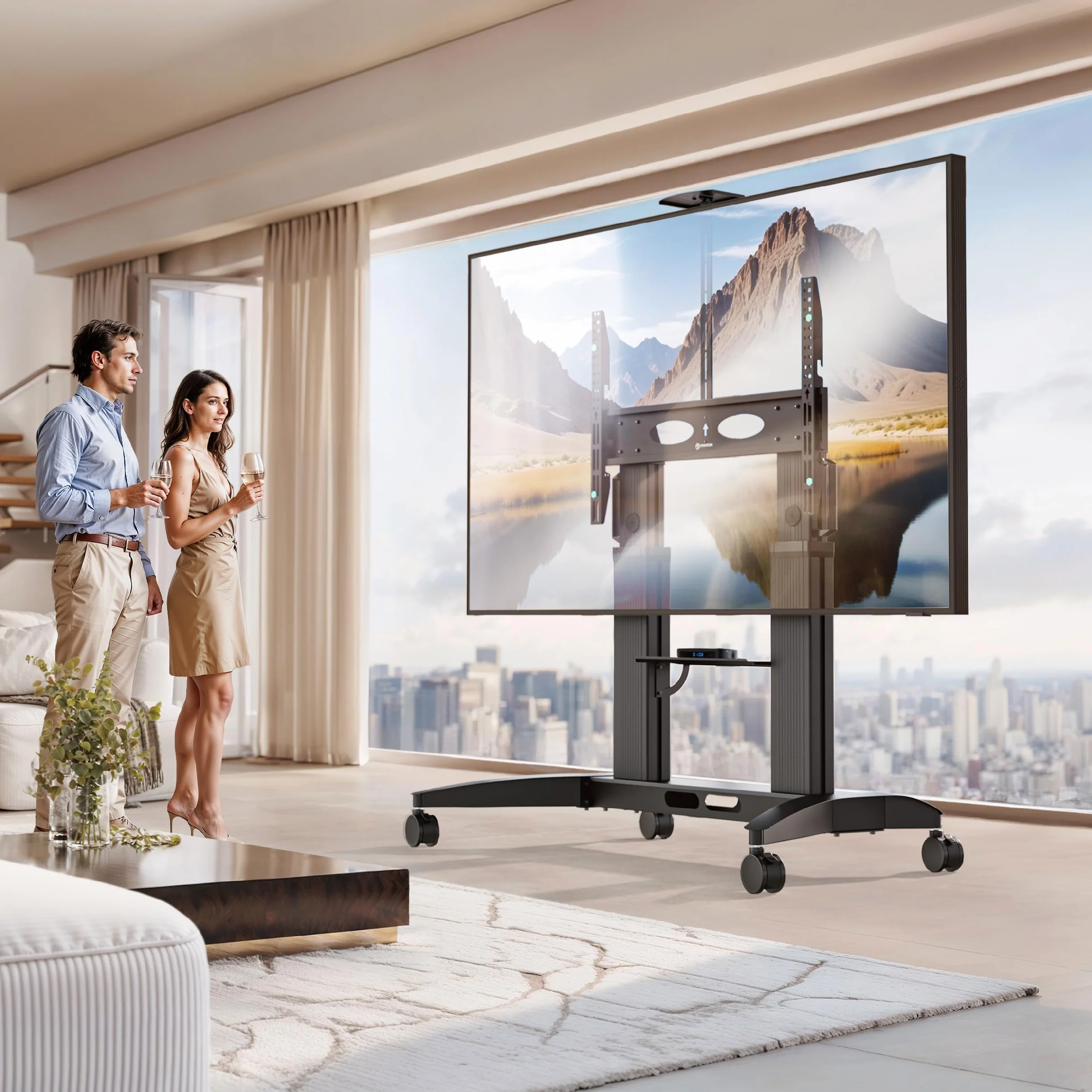 ONKRON Mobilny Stojak TV 32-75 cali, Nośność 60 kg, VESA 200x200-600x400, Regulacja Wysokości, Półka AV, Czarny