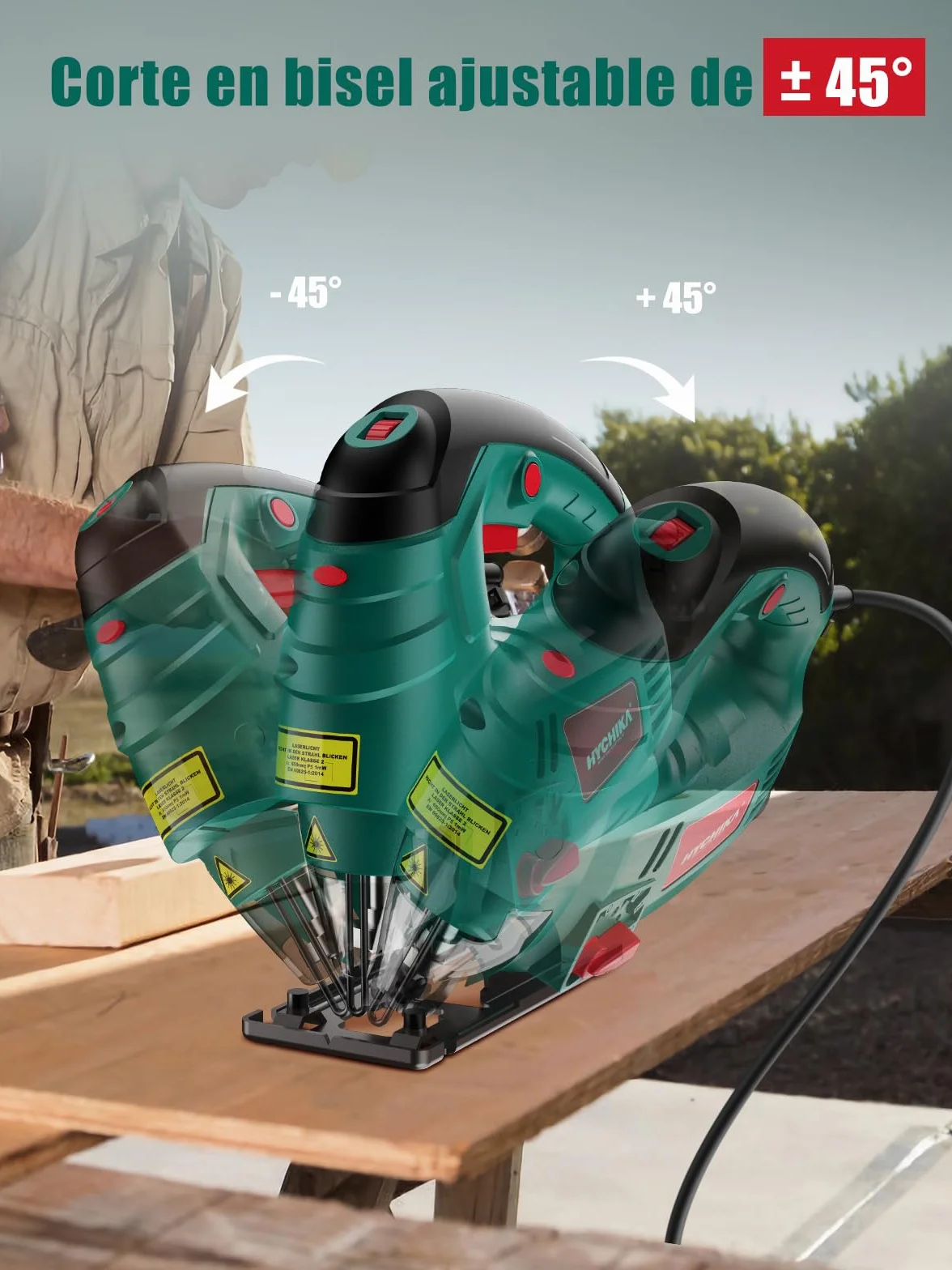Wyrzynarka HYCHIKA 800W, z mocnym silnikiem miedzianym, 800-3000RPM obrotów na minutę z 7 zmiennymi prędkościami, 4 zestawy orbit, kąt nachylenia ±45°, 6 brzeszczotów, przewód 2 metry