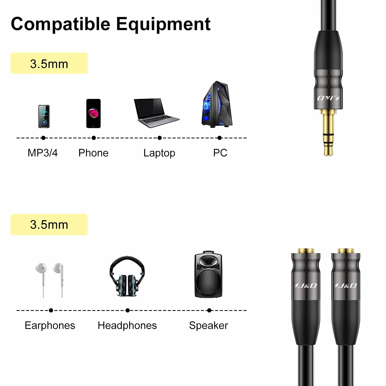 J&D 3,5 mm do 2 x 3,5 mm kabel, trwały miedziany skorupa ciężki 3,5 mm 1/8 cala TRS męski na 2 x 3,5 mm 1/8 cala TRS żeński adapter audio stereo Y kabel rozdzielacza, 0,2 metra