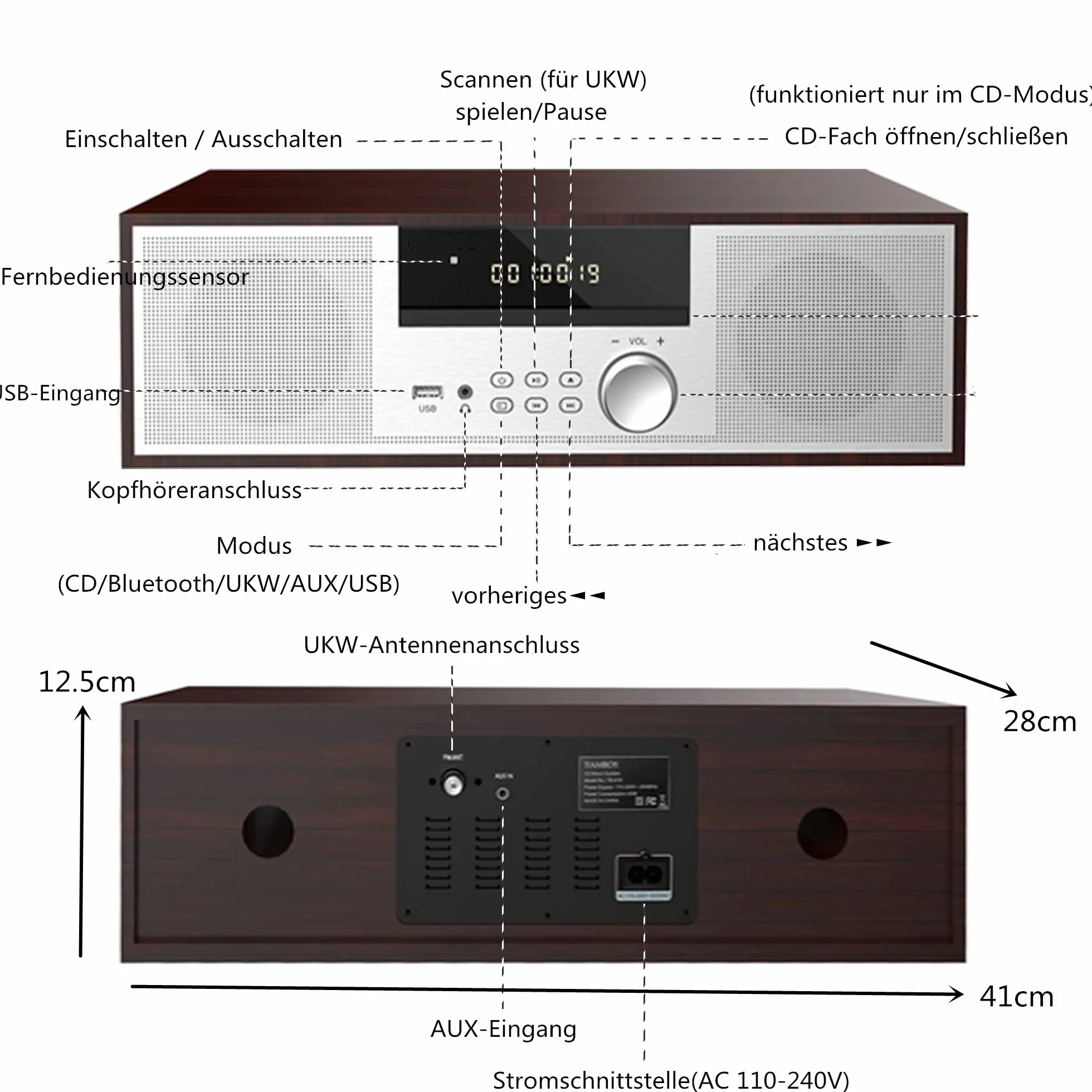 Rocznik mini zestaw stereo CD, 40 W, RMS, odtwarzacz CD, kompatybilny z UKW/Bluetooth, USB/AUX, pilot zdalnego sterowania, gniazdo słuchawkowe, kompatybilne ze źródłem dźwięku o wysokiej
