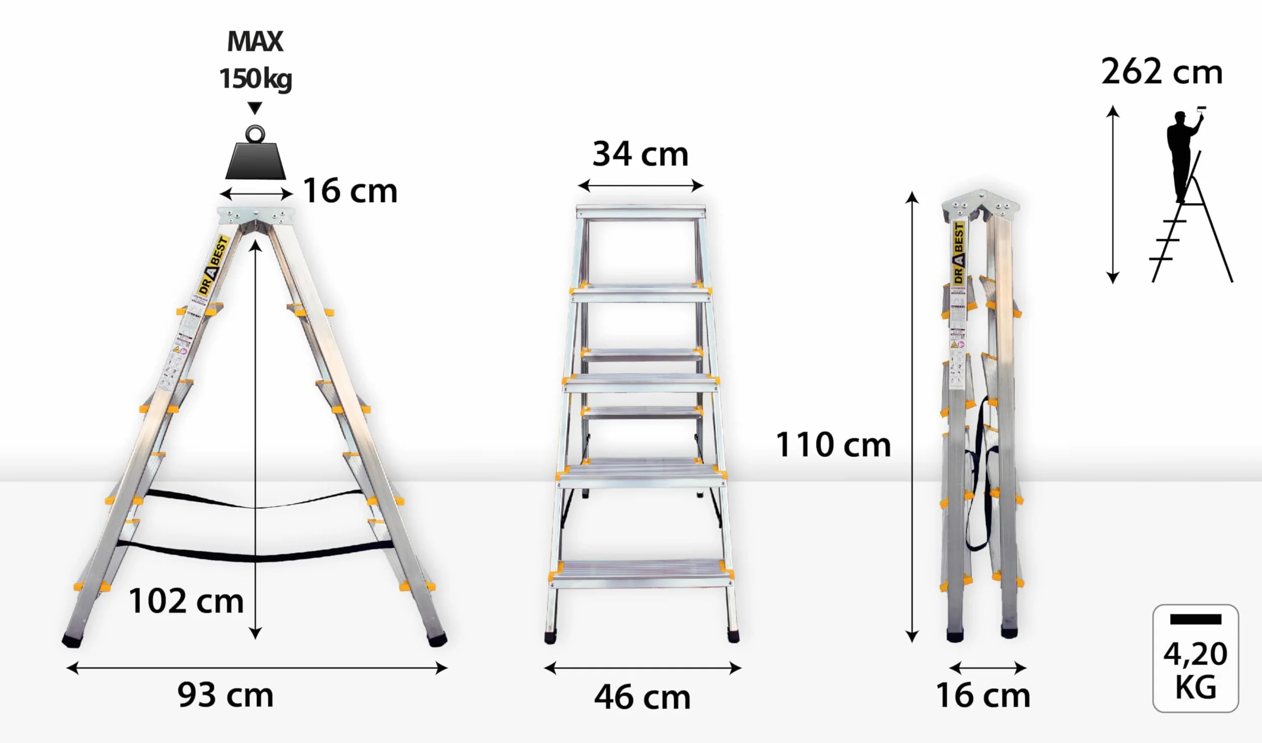 Drabest SERIA PRO 2x5-Stopniowa Aluminiowa Dwustronna Drabina 150 KG 46x110x16 cm