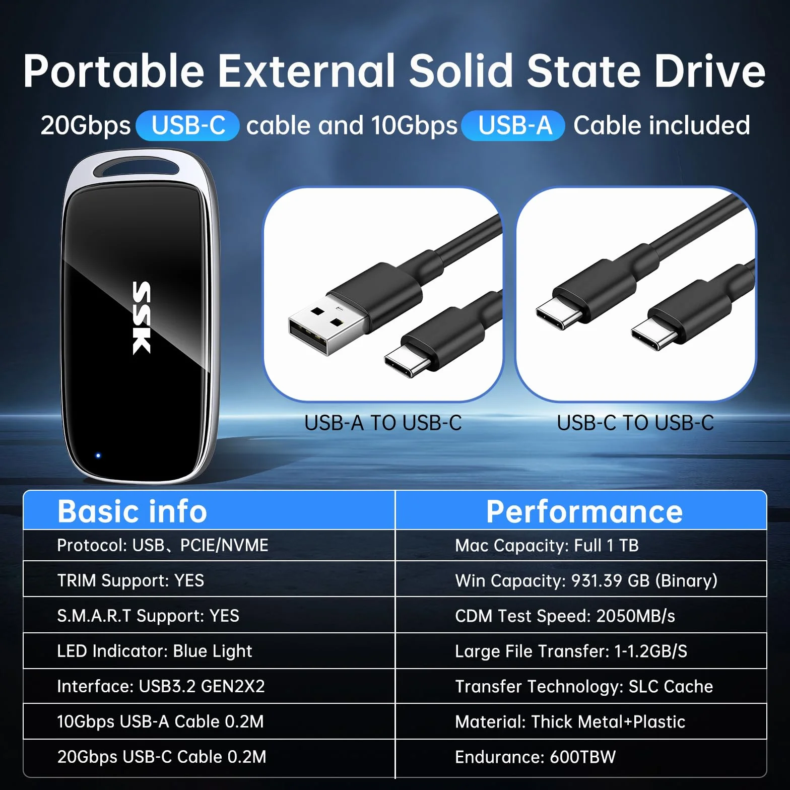 SSK Zewnętrzny dysk SSD 1 TB USB 3.2 Gen 2x2 2000 MB/s