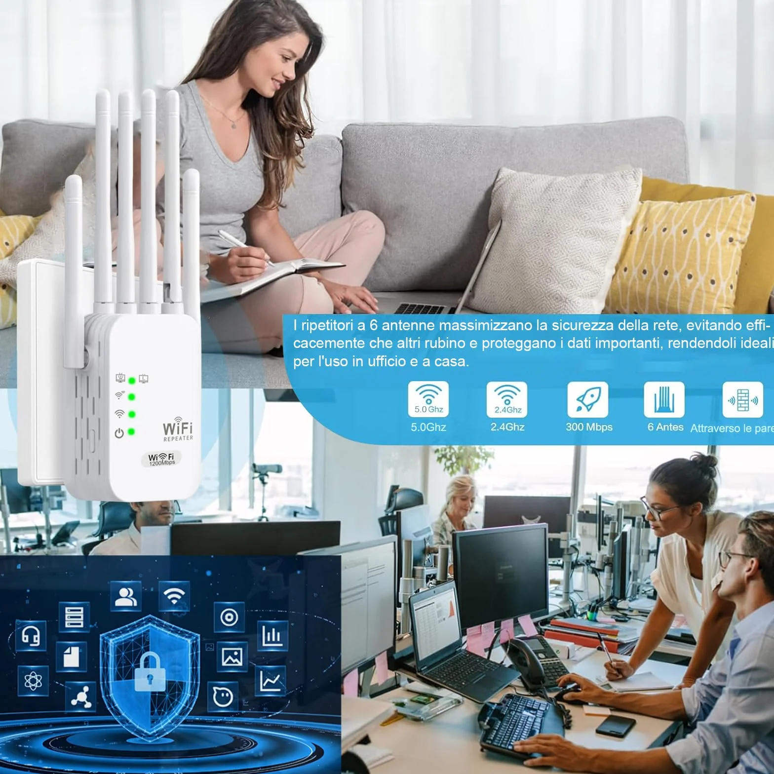 Wzmacniacz sygnału WiFi 1200 Mb/s 6 anten przedłużacz zasięgu 1000 m² 2 porty LAN 3 tryby repeater router AP