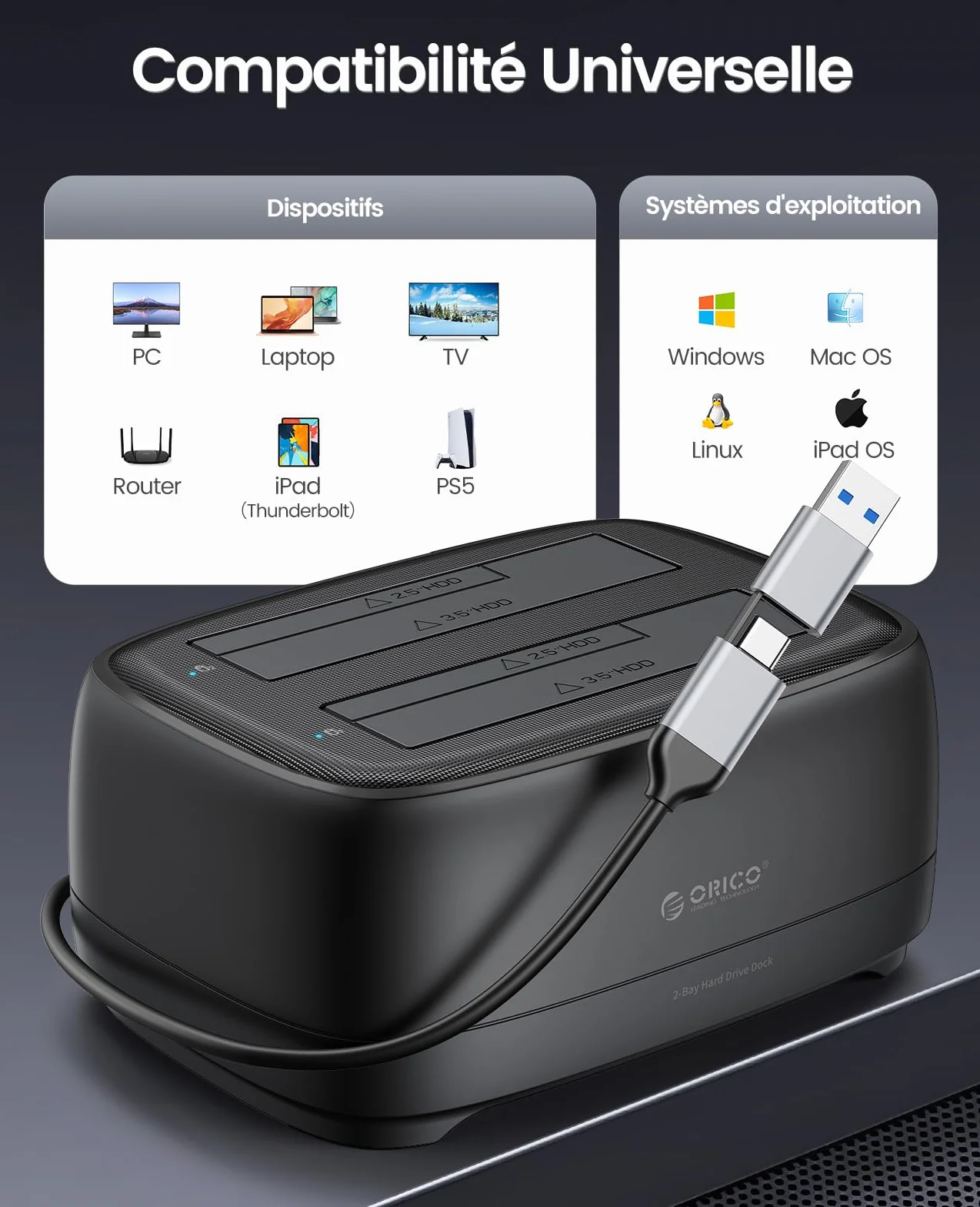 ORICO Stacja dokująca do dysków twardych z dwoma kieszeniami USB 3.2 Gen 1, obudowa dysku twardego do wszystkich standardowych dysków twardych 2,5" i 3,5" HDD/SSD do 2 x 20 TB z zasilaczem 12 V 3 A