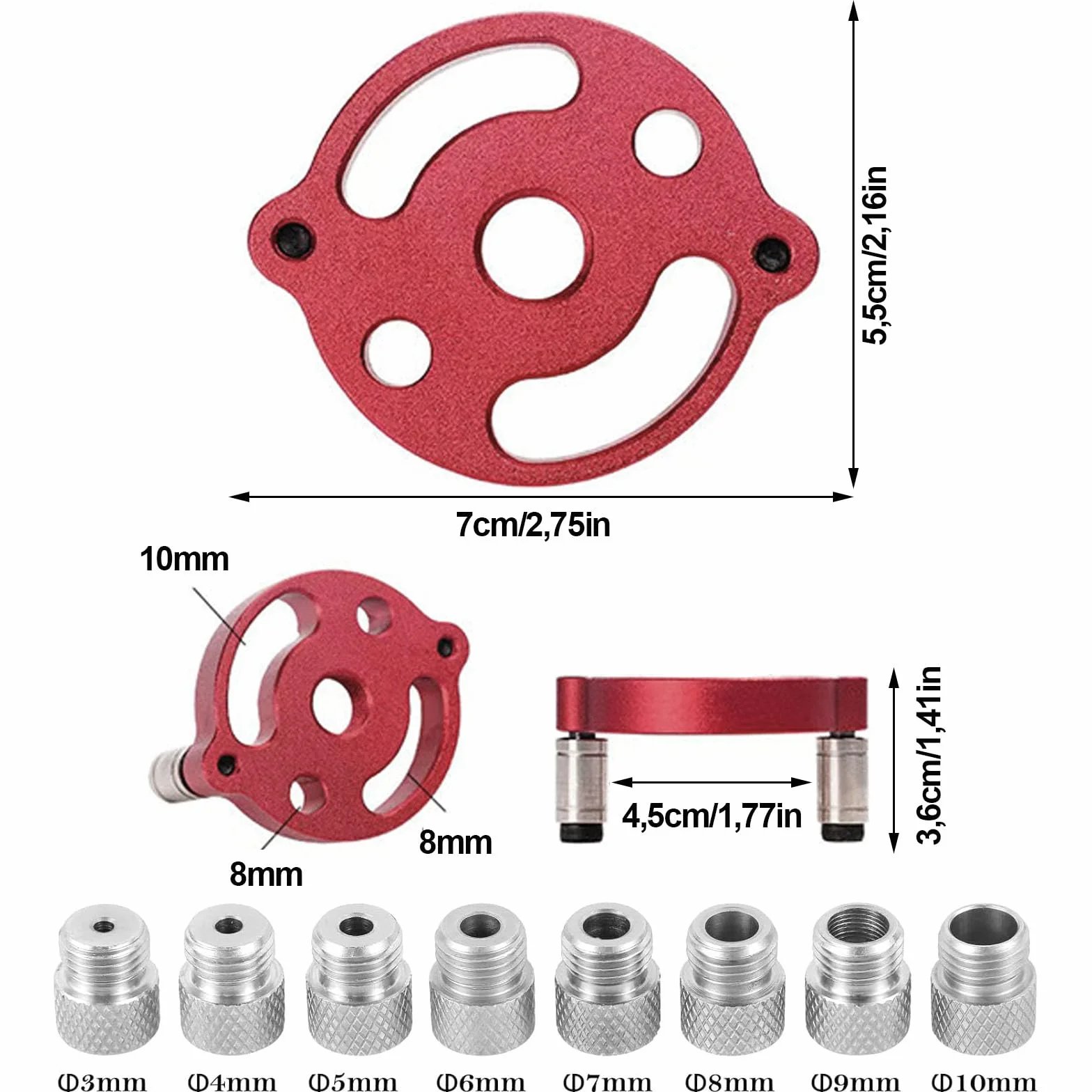 Pomoc do wiercenia otworów w drewnie, lokalizator centralny, pionowe samocentrujące, z tulejami wiertniczymi 3/4/5/6/7/8/9/10 mm, pionowy kołek rozporowy ze stopu aluminium, czerwony