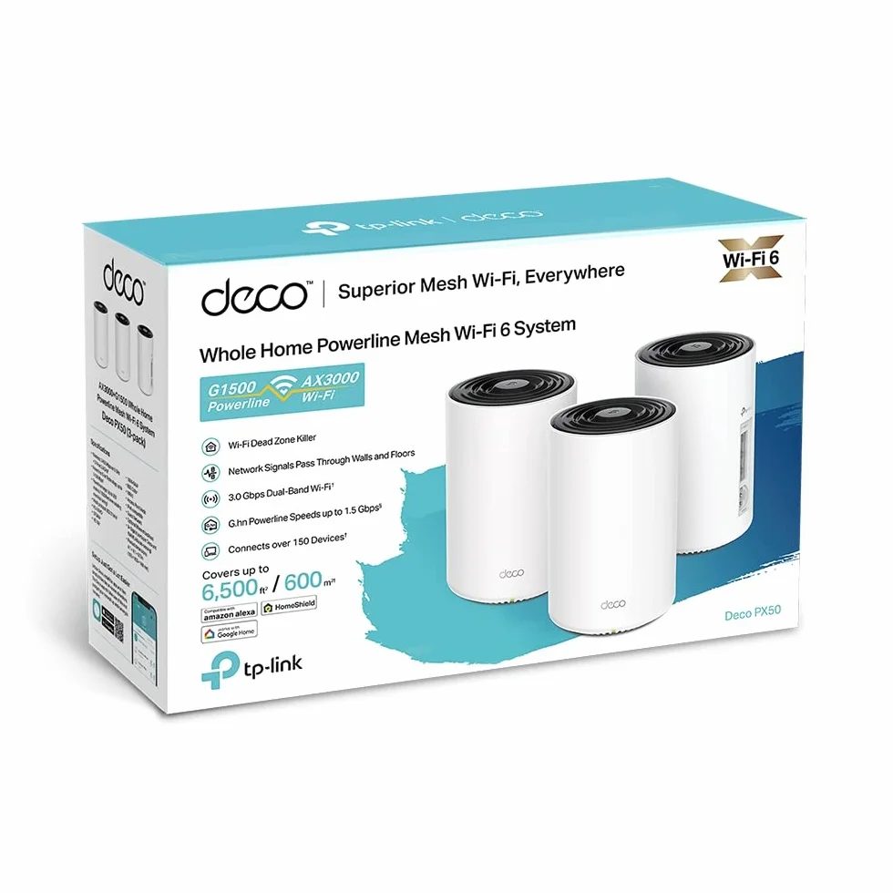 TP-Link Deco PX50 Zestaw Wi-Fi 6 AX3000 Powerline G.hn G1500, zasięg 600 m², WPA3, biały
