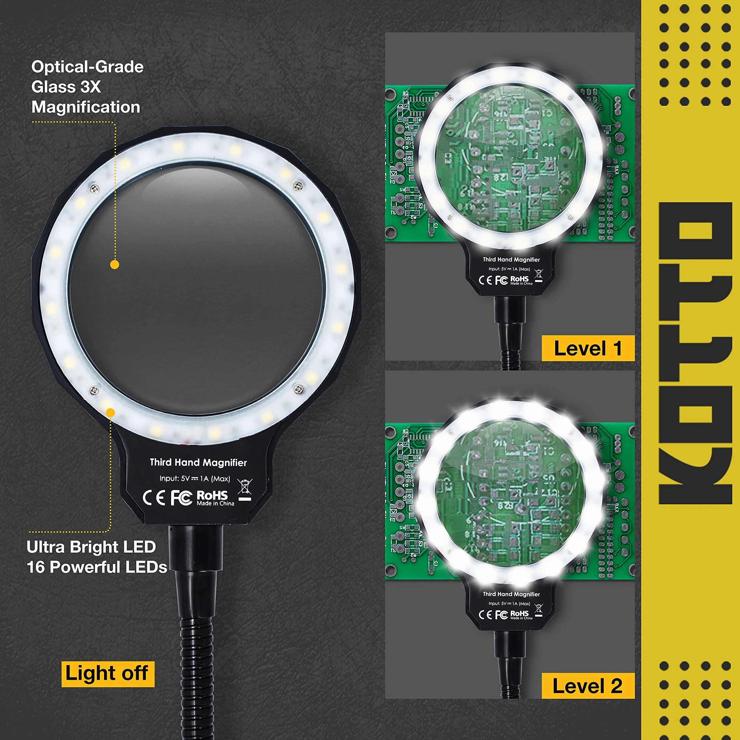 KOTTO Lupa LED trzecia ręka lutowanie uchwyt na PCB narzędzie - sześć ramion pomocne ręce rzemiosło biżuteria hobby warsztat stacja pomocnicza - antypoślizgowa podstawa obciążeniowa