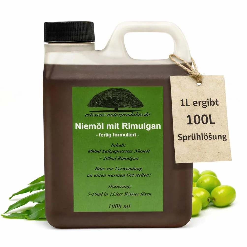 erlesene-naturprodukte olejek z miodli indyjskiej z rimulganem (emulgator), gotowy do zmieszania, olej roślinny, natychmiastowe zastosowanie dla zdrowych roślin, 1 l