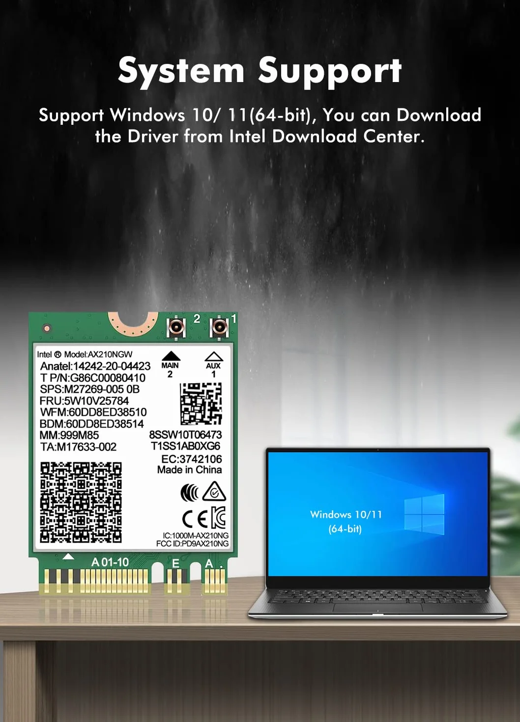 Karta bezprzewodowa WiFi 6E Intel AX210 NGW Bluetooth 5.2 Tri-Band 5400 Mbps adapter sieciowy do laptopa, obsługa systemu Windows 10/11 (64 bit) M.2/NGFF