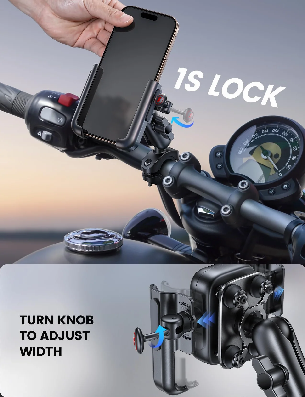 Lamicall Uchwyt na telefon dla motocykli[Podwójna antywstrząsowa]-[Całożelazny]Uchwyt telefon roweru,Przeciwdzbrodowski uchwyt moto wydłużalnym ramieniem, Przyjazny dla foto z iPhone, Galaxy, 4,7-7,2"
