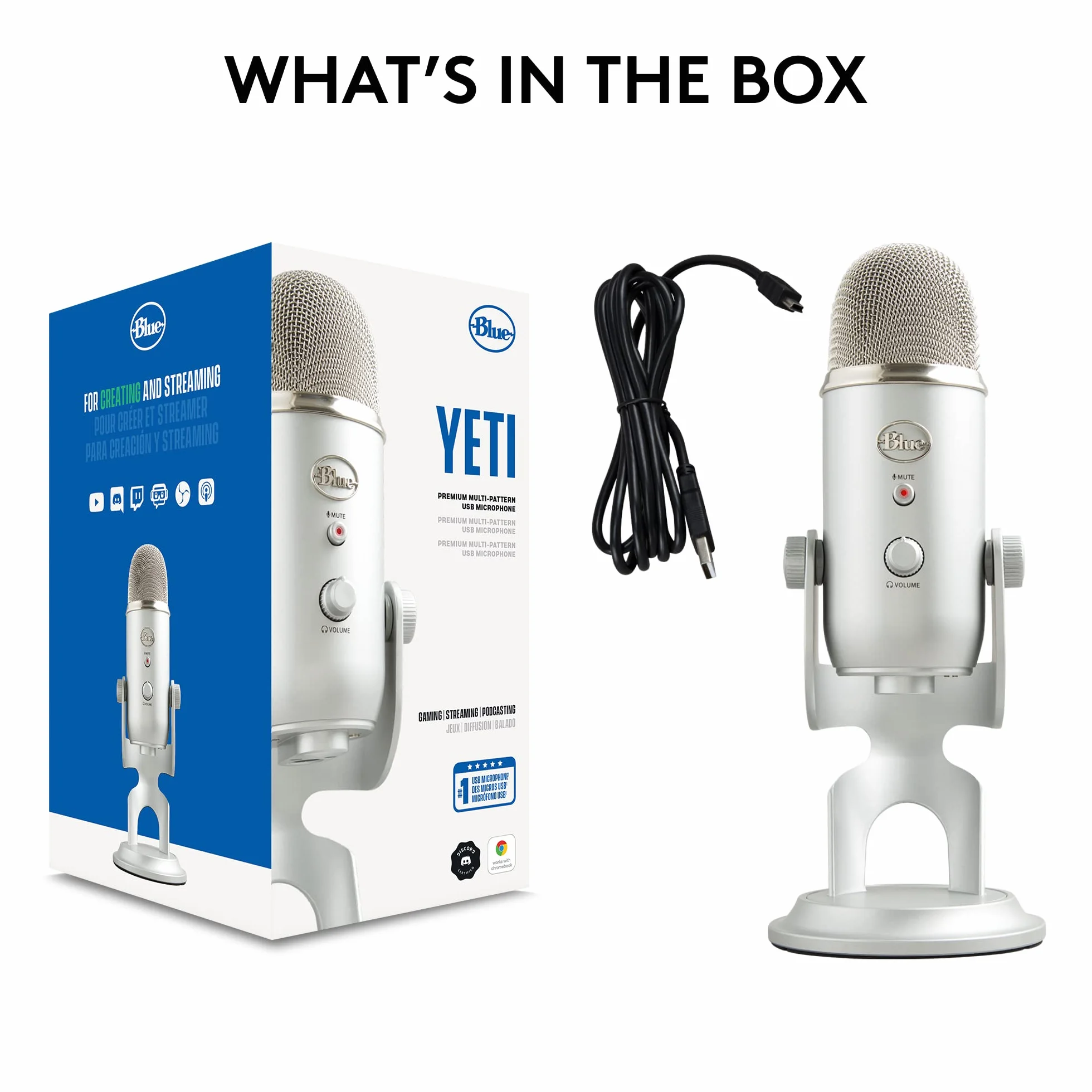 Blue Yeti Mikrofon USB do PC, Mac, Gaming, Streaming, Podkasty, Mikrofon Kondensacyjny do Studio i Komputera, Blue VO!CE, 4 Sposoby Wychwytywania Dźwięku, Plug and Play - Srebro