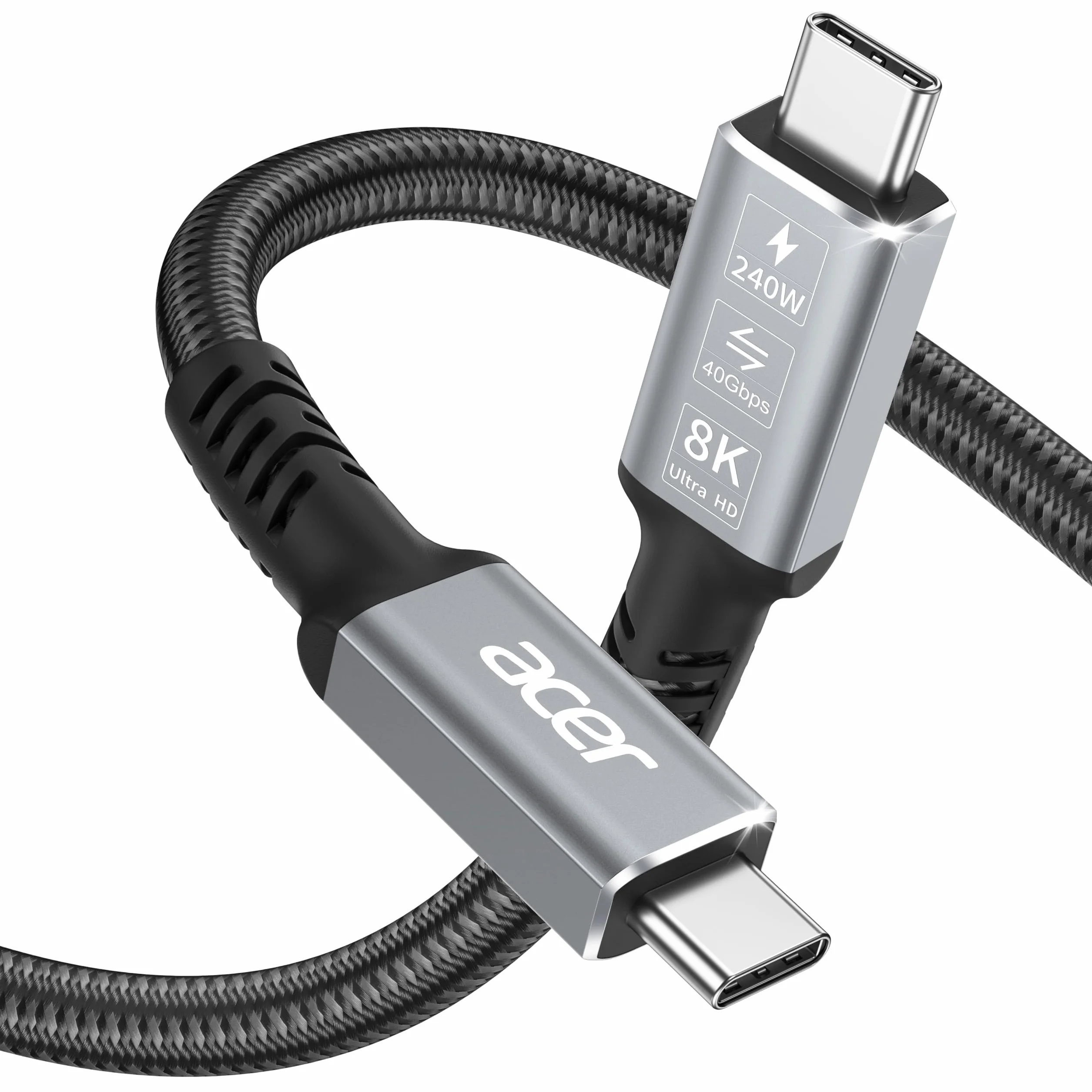 Acer Kabel USB 4, 1m pleciony kabel USB-C 8K@60Hz do wyświetlacza, Przewód USB-C 40Gbps, Szybkie ładowanie 240W, Thunderbolt 4/3, Kompatybilny z TB4, Do iPhone'a 16, Macbooka, iPada, dysku SSD, itp.