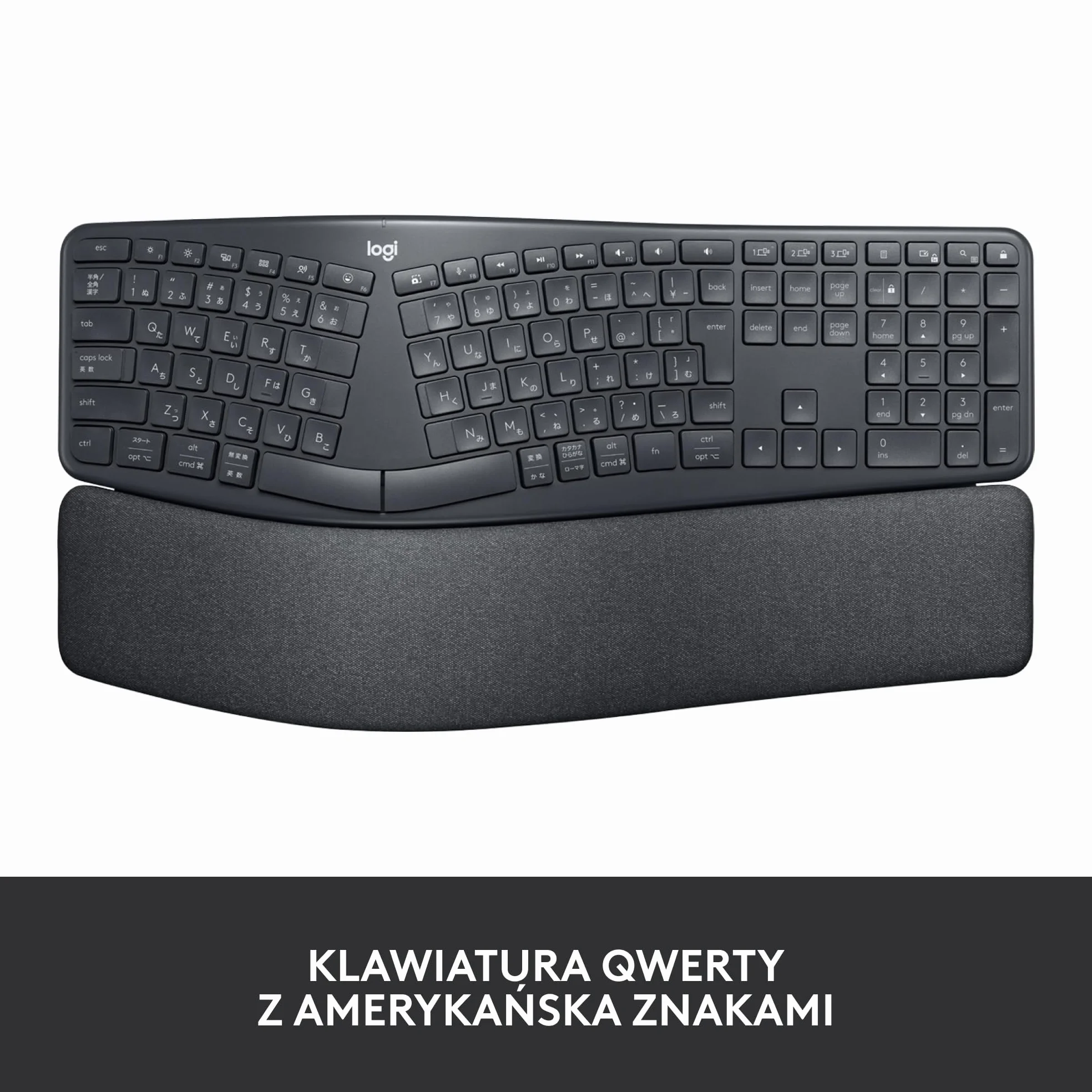 Logitech ERGO K860 - Bezprzewodowa ergonomiczna klawiatura dzielona, podkładka pod nadgarstek, łączność Bluetooth i USB, kompatybilna z Windows/Mac, QWERTY US Intl - Czarny