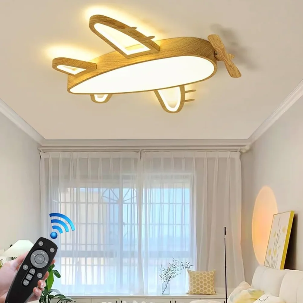 Lampa sufitowa LED Oświetlenie pokoju dziecięcego Samolot Kreatywny projekt Możliwość przyciemniania Drewniana pilotem 3000–6000 K Nowoczesne oświetlenie Sypialnia Salon Sypialnia Dziewczyny Chłopcy (