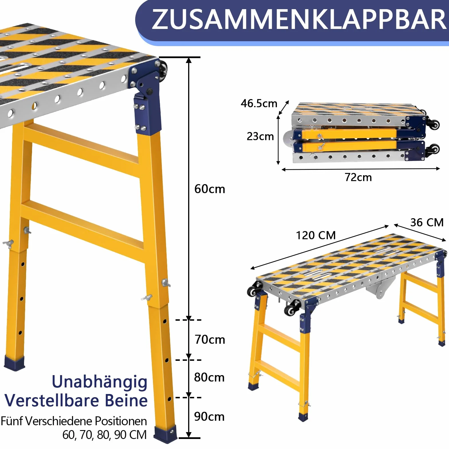 Stabilna platforma robocza 2 w 1 + mobilny stół spawalniczy z antypoślizgowymi paskami klejącymi, regulowana wysokość 60-90 cm, składana platforma robocza, aluminiowe rusztowanie, ocynkowana ławka