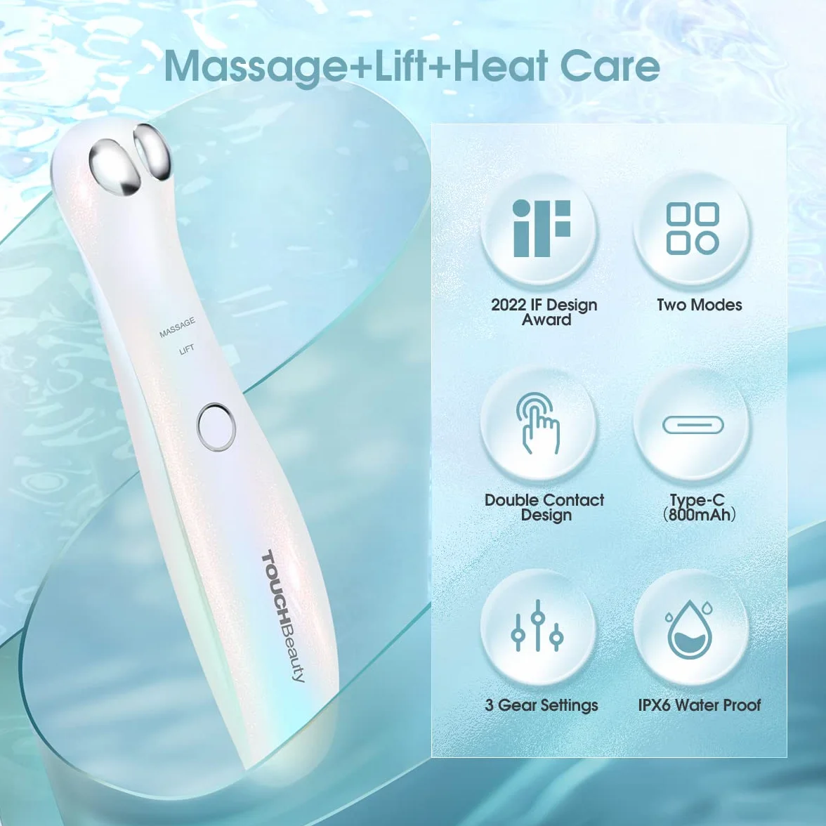 TOUCHBeauty Urządzenie do masażu oczu EMS, przeciwzmarszczkowy masaż oczu z ogrzewanym i wibracyjnym, urządzenie do masażu zapobiegającego starzeniu się, możliwość ponownego ładowania, 2 tryby masażu