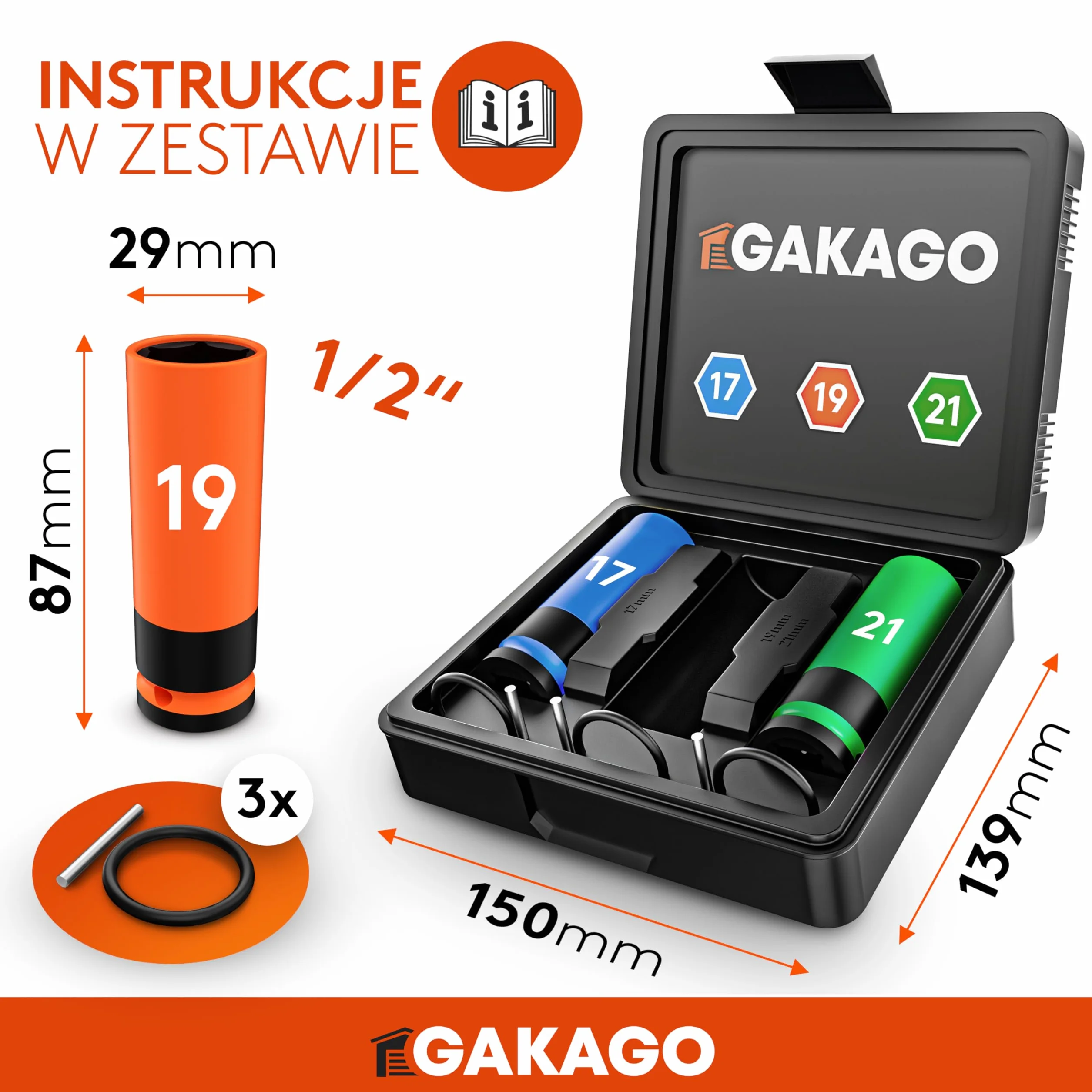 Gakago Zestaw nasadek do śrub kół 17mm 19mm 21mm z plastikową osłoną obręczy - nasadka 1/2 cala do kluczy dynamometrycznych i udarowych z zawleczką i pierścieniem zabezpieczającym