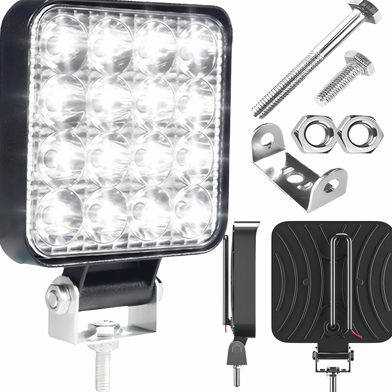 Retoo Reflektor Roboczy 16 LED 48W 12V o mocy 8000lm do montażu powierzchniowego i przykręcanego, Oświetlenie bliskiego zasięgu, Szperacz, Lampa do ciągnika, koparki, Off-Road, Czarny