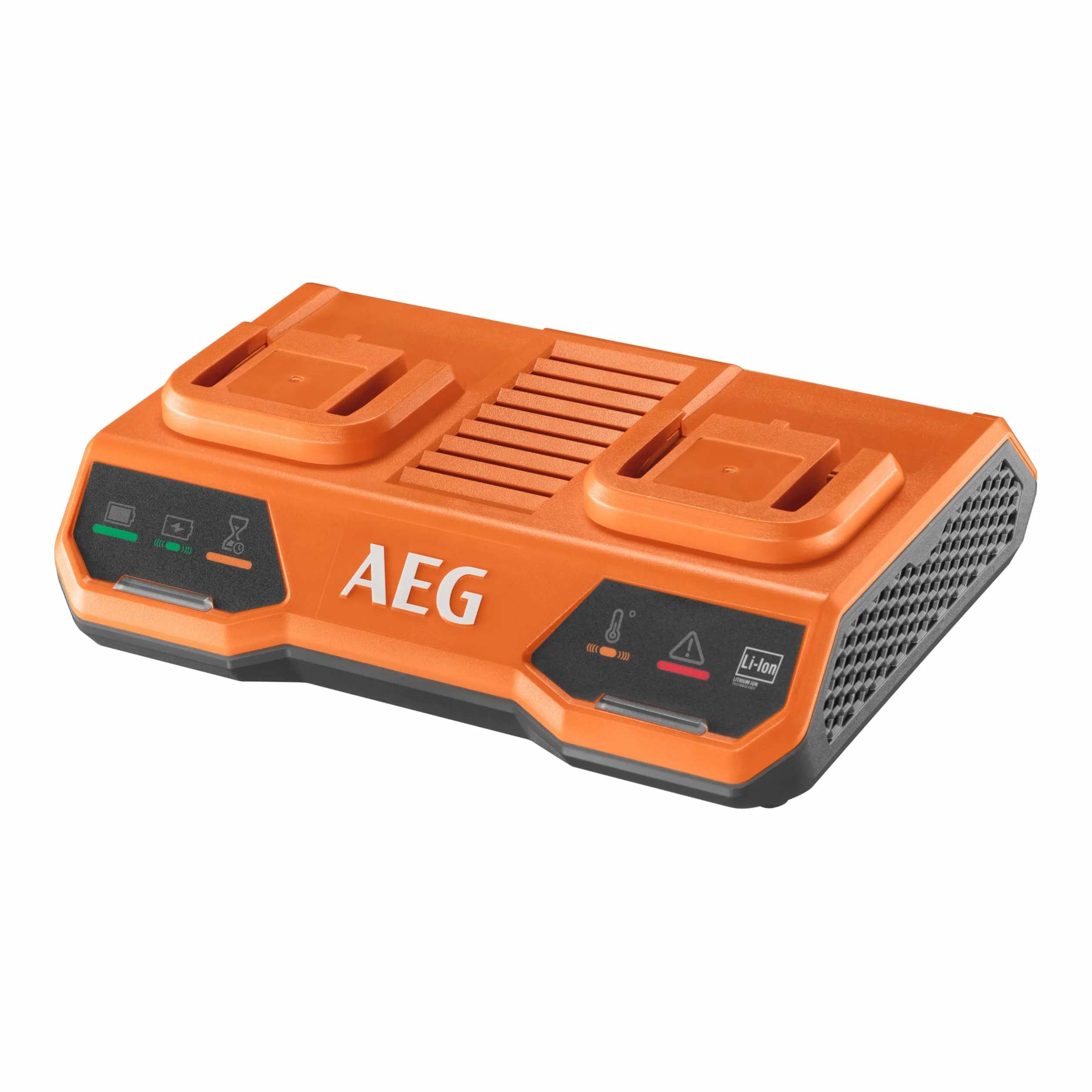 AEG Ładowarka 18V, podwójny port, napięcie sieciowe 220-240V, do akumulatorów 18V od 1,5 do 9,0 Ah, tryb jednoczesnego ładowania.