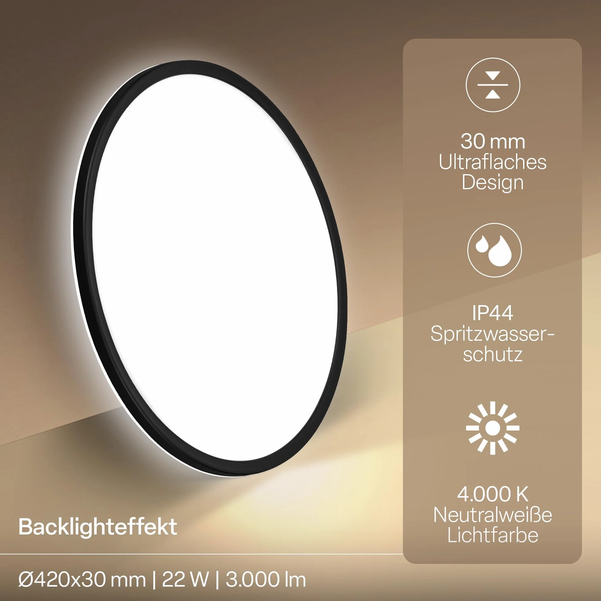 B.K.Licht - Panel LED z oświetleniem pośrednim, płaska forma i neutralne białe światło, klasa IP44, lampa sufitowa do łazienki, salonu oraz kuchni, 42 x 3 cm, czarny