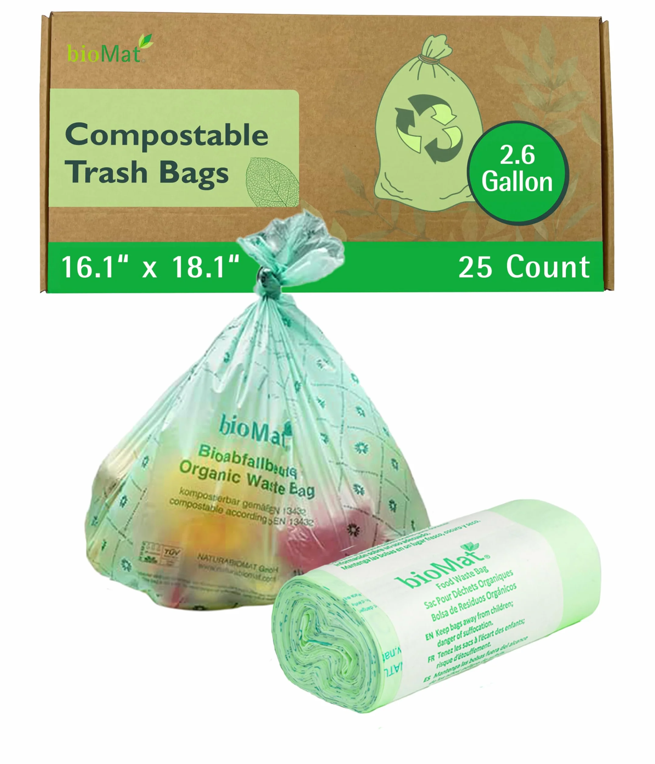bioMat Kompostowalne 10l Worki na odpady organiczne z uchwytem, 26 Worków, Jakość Premium, Certyfikat DIN+, Neutralne dla Klimatu, Made in Germany
