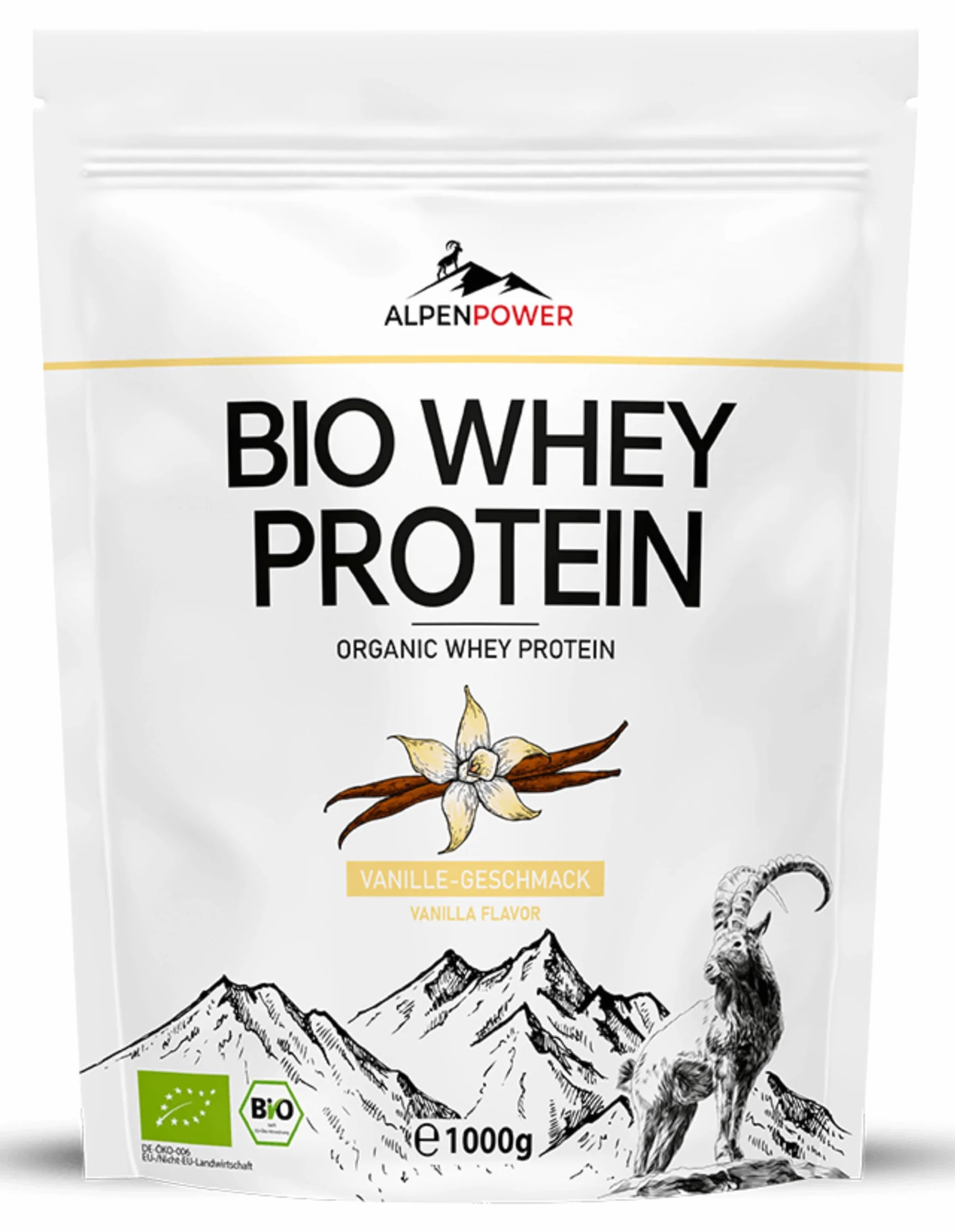 AlpenPower Bio WHEY Protein Vanilla 1 kg – 100% naturalne składniki i bez dodatków – wysokiej jakości białko CFM w proszku z najlepszego ekologicznego mleka alpejskiego