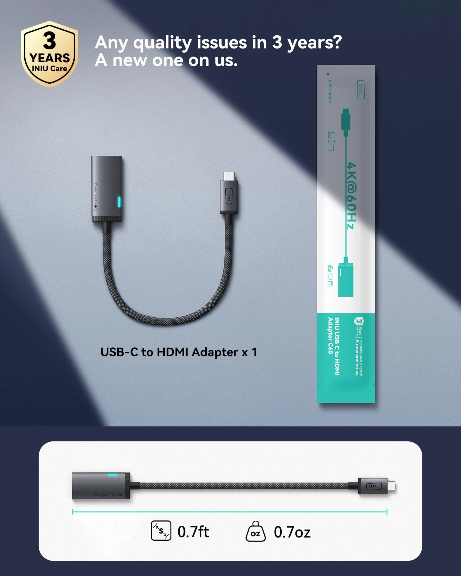 INIU Adapter USB C na HDMI 4K 60 Hz, USB typu C na HDMI adapter ładowarka do MacBook Pro Air, iPad Pro, iPhone 17 16 15 Pro Max, Pixelbook, Pixel 10 9, Surface Pro, Dell, XPS, Samsung 25 24 Ultra itd