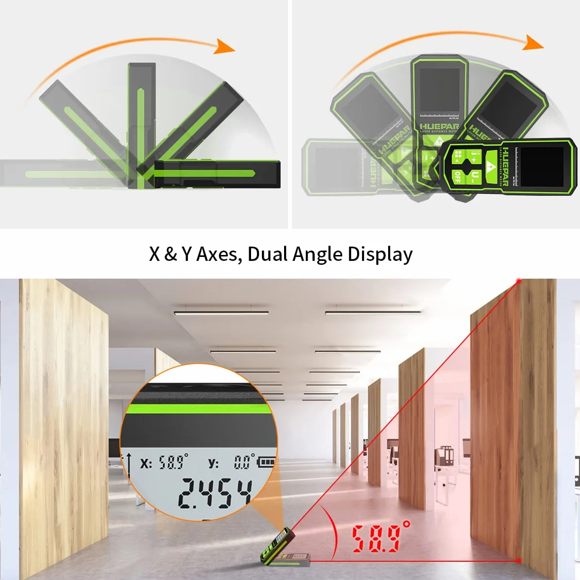 Huepar Laser Distance Measure 196Ft(60M) with Rechargeable Battery & Dual Angle Display, Laser Measure M/In/Ft with Mute Function & Multi-Measurement Modes, Pythagorean, Distance, Area & Volume-S60+