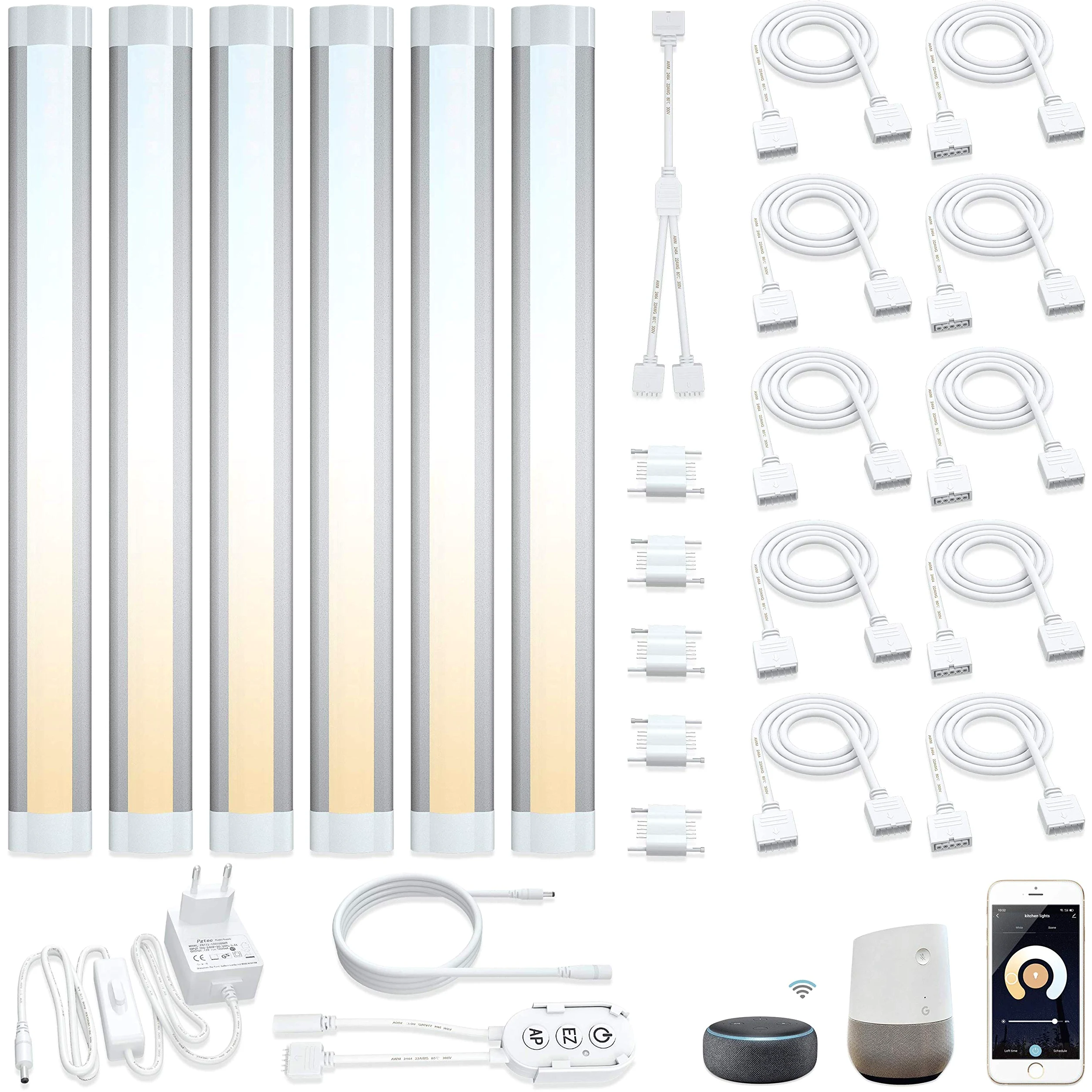 LAMPAOUS Oświetlenie podszafkowe LED Smart ściemnianie 4 W x 6 24 W 2700 K do 6500 K lampka nocna oświetlenie szafy, listwa świetlna kompatybilna z Echo Alexa Siri Echo Google Home i IFTTT (nie jest potrzebna)