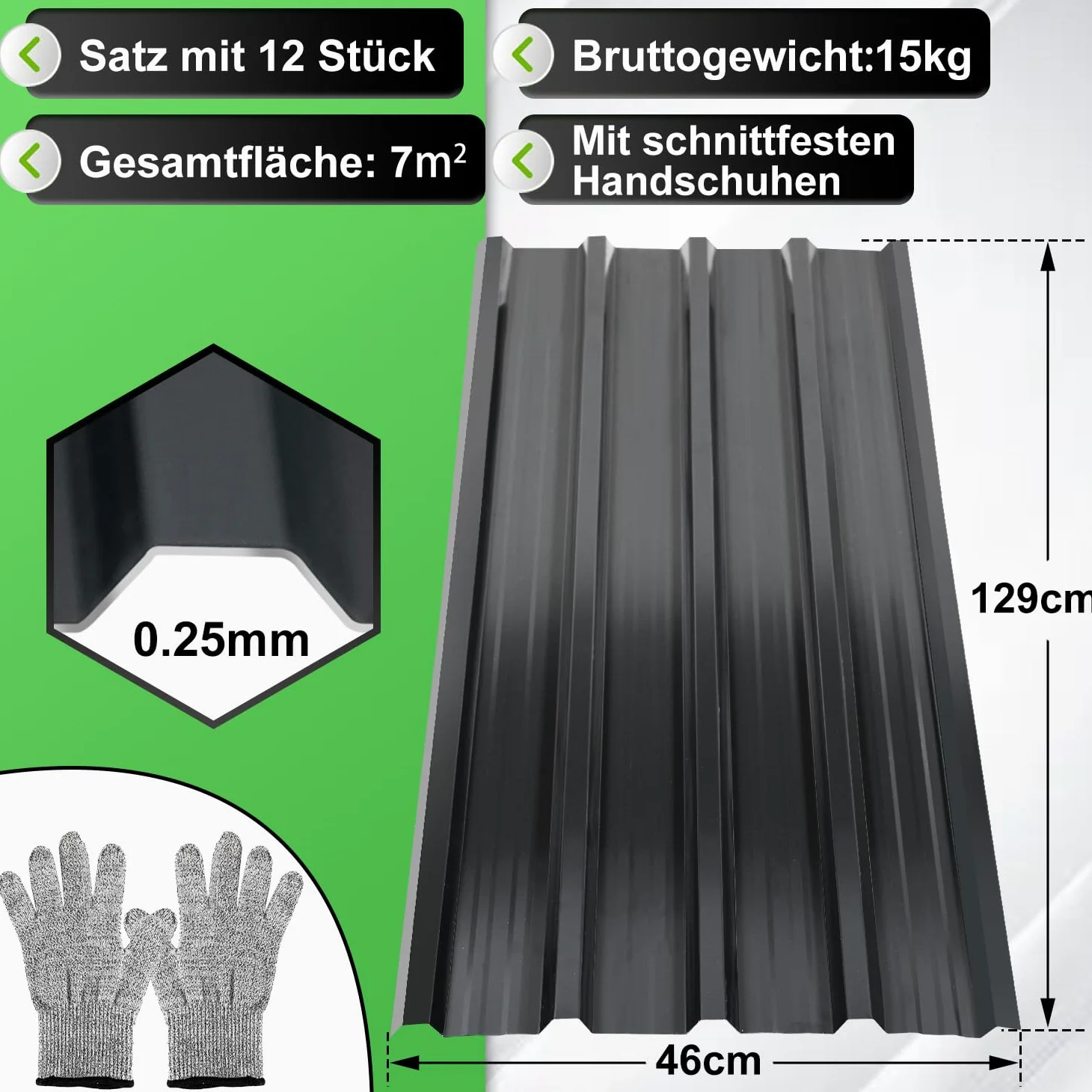12 x blacha trapezowa, profilowana, 129 x 46 cm, zestaw antracytowych – 7 m², blacha dachowa ocynkowana 0,25 mm – płyty dachowe do domku ogrodowego, szopy, wiaty garażowej i garażu – w