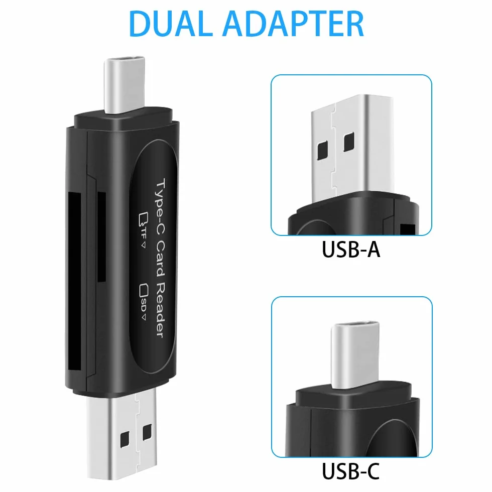 Czytnik kart SD, Seminer 4 w 1 USB C/USB 2.0 podwójny adapter kart pamięci OTG do kart pamięci TF/Micro SD/SD/SDXC/Micro SDXC/Micro SDHC (czarny)