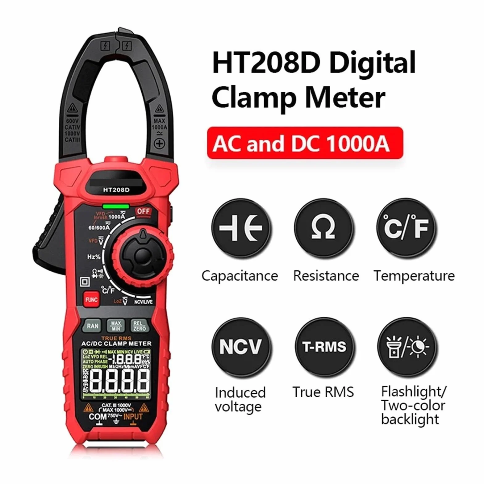 HT208A/D AC/DC Cyfrowy Miernik Cęgowy Multimetr Pinza Amperimetrica True Wysoka Precyzja Pojemność NCV Ohm Hz Tester Szybko Dokładnie Łatwy Odczyt(HT208A AC 1000A)