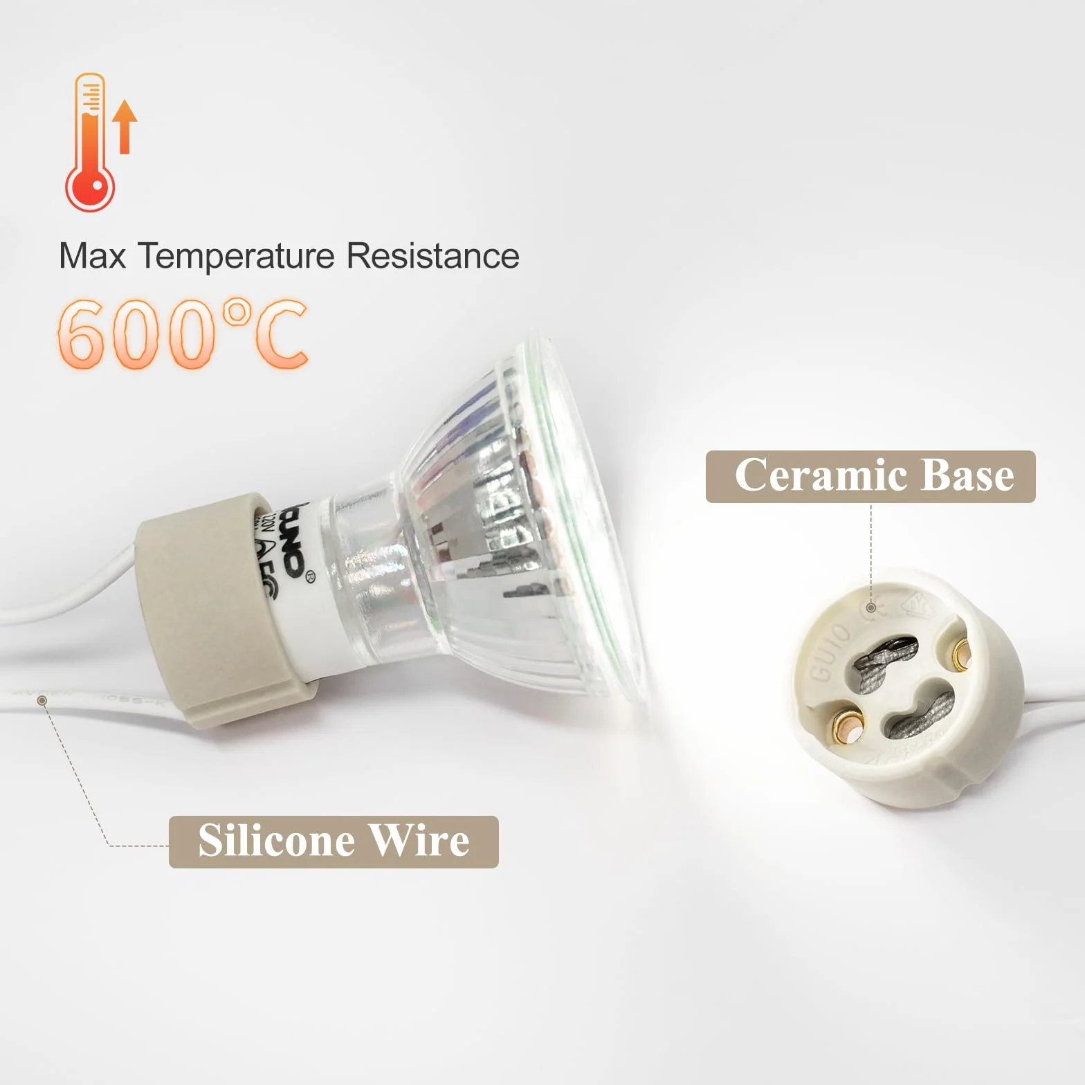 DiCUNO GU10 uchwyt lampy 0,75 mm² drut silikonowy złącze GU10 ceramiczna podstawa do LED i halogenów, 250 V, maks. 300 W, 10 sztuk
