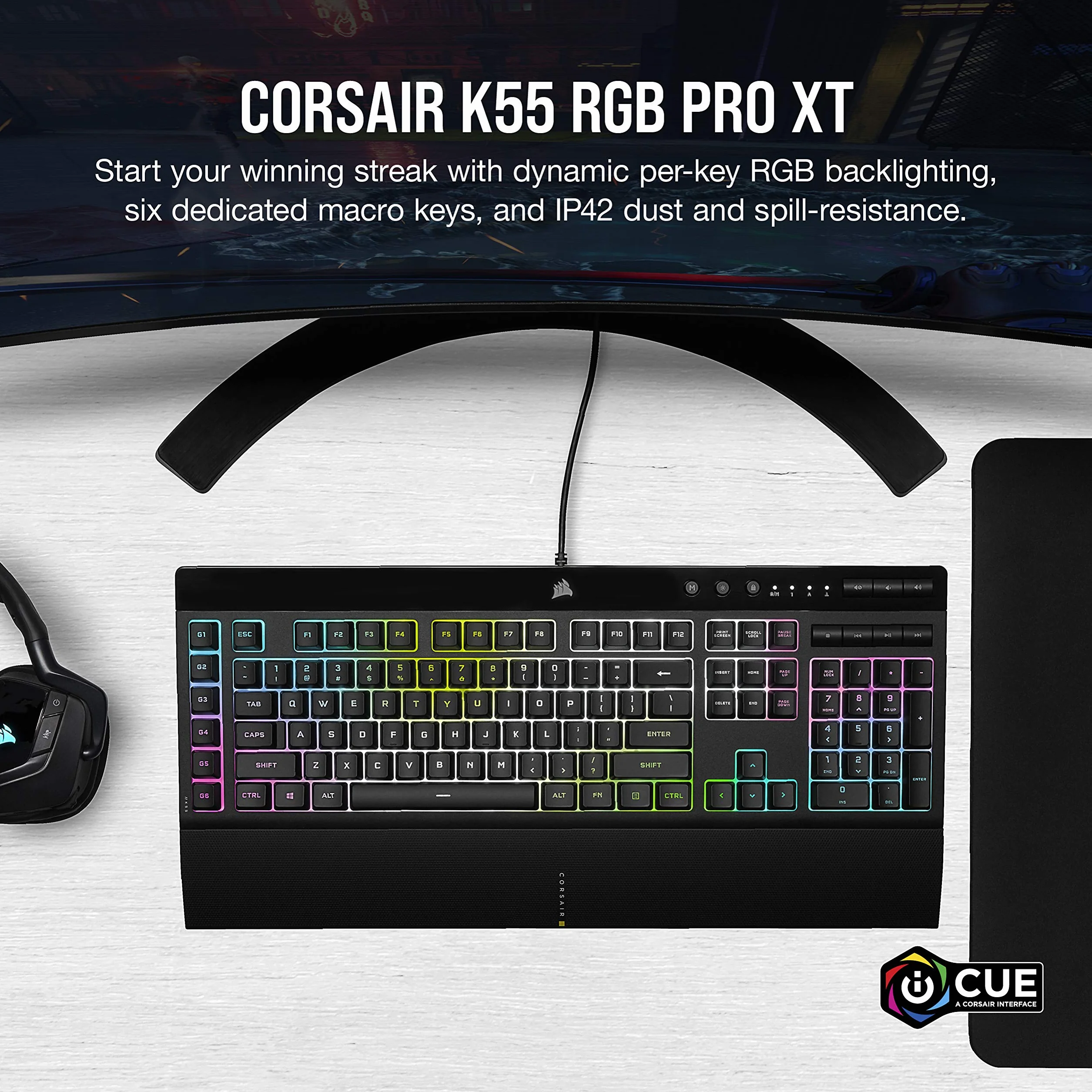 CORSAIR K55 RGB PRO XT przewodowa klawiatura do gier, IP42, odporna na kurz i zalanie, 6 klawiszy makro z integracją Elgato, kompatybilna z iCUE, QWERTY UK, PC, Mac, Xbox, czarna