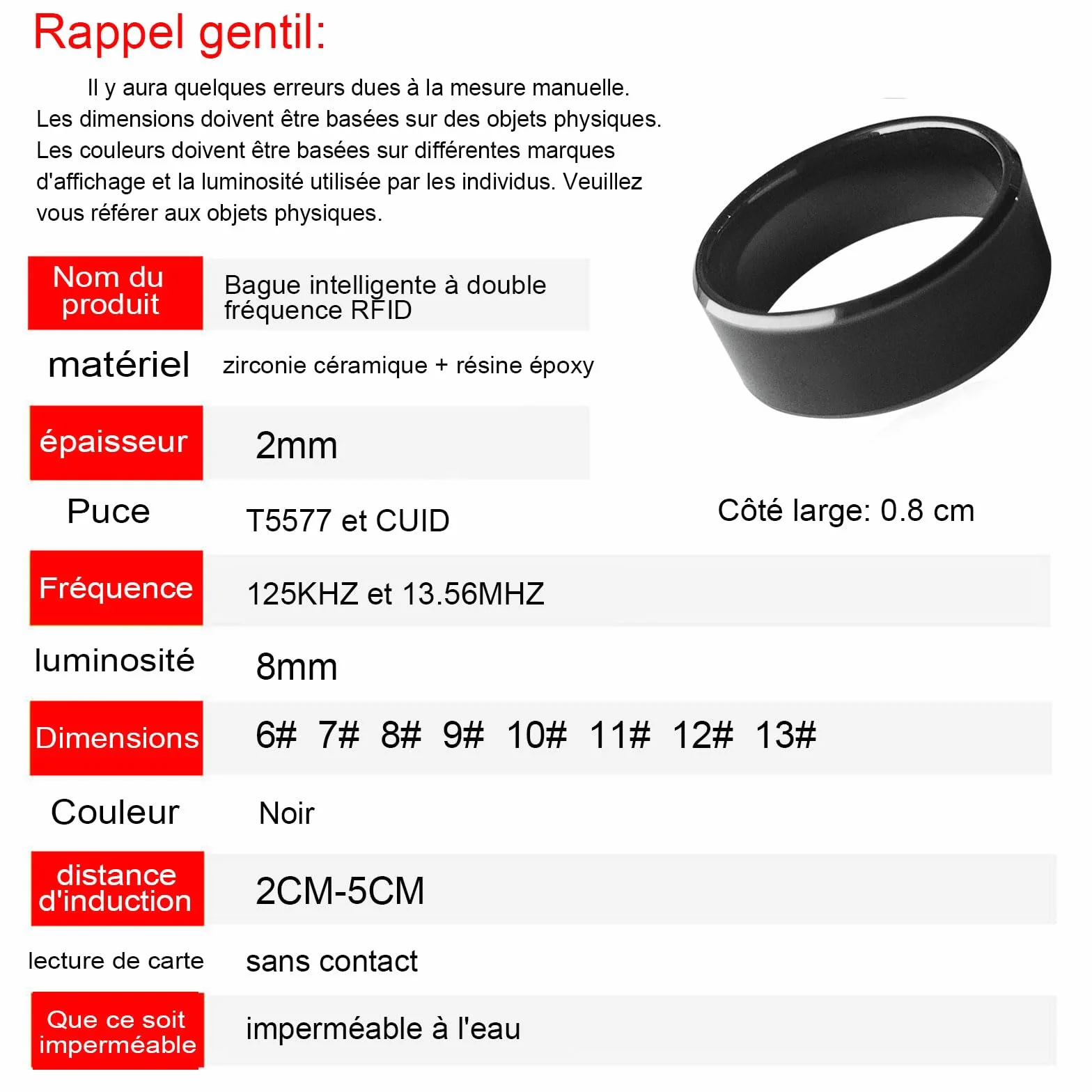 RFID rewritable Dual Frequency in one 125 khz t5577 & 13,56 mhz czarny ceramiczny Smart Finger ring Wear dla mężczyzn lub kobiet (Cuid + t5577 Chip 20 mm)