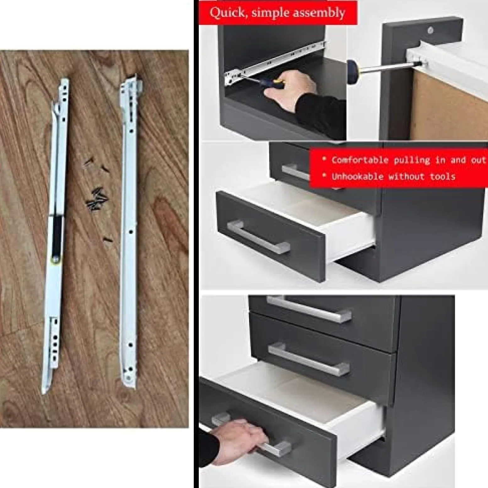 2 szt. Wytrzymałe prowadnice do prowadnic szuflad szafek kuchennych, trwała metalowa teleskopowa szyna prowadząca 10-12 cali, podpora 50 kg, do drewnianych prowadnic szuflad, szyny szuflad k