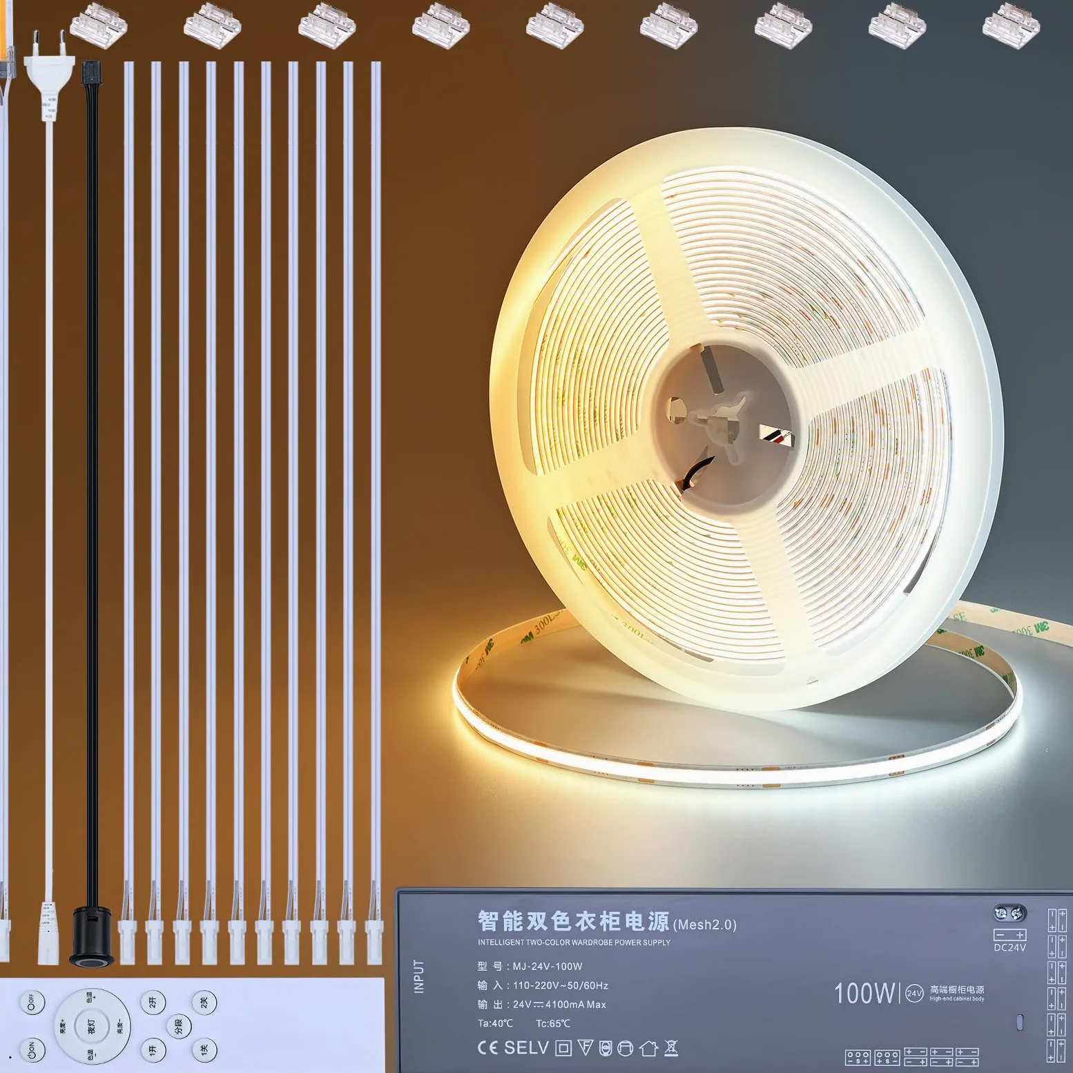 BENLUN Taśma LED COB CCT 24V Podszafkowe Oświetlenie 10m, Pasek LED 2700K-6500K Biały Samoprzylepny, Wstęga 8,5W/M CRI 93 Możliwy do Cięcia Pilot + Zasilacz do Dekoracji Wnętrz, Kuchni