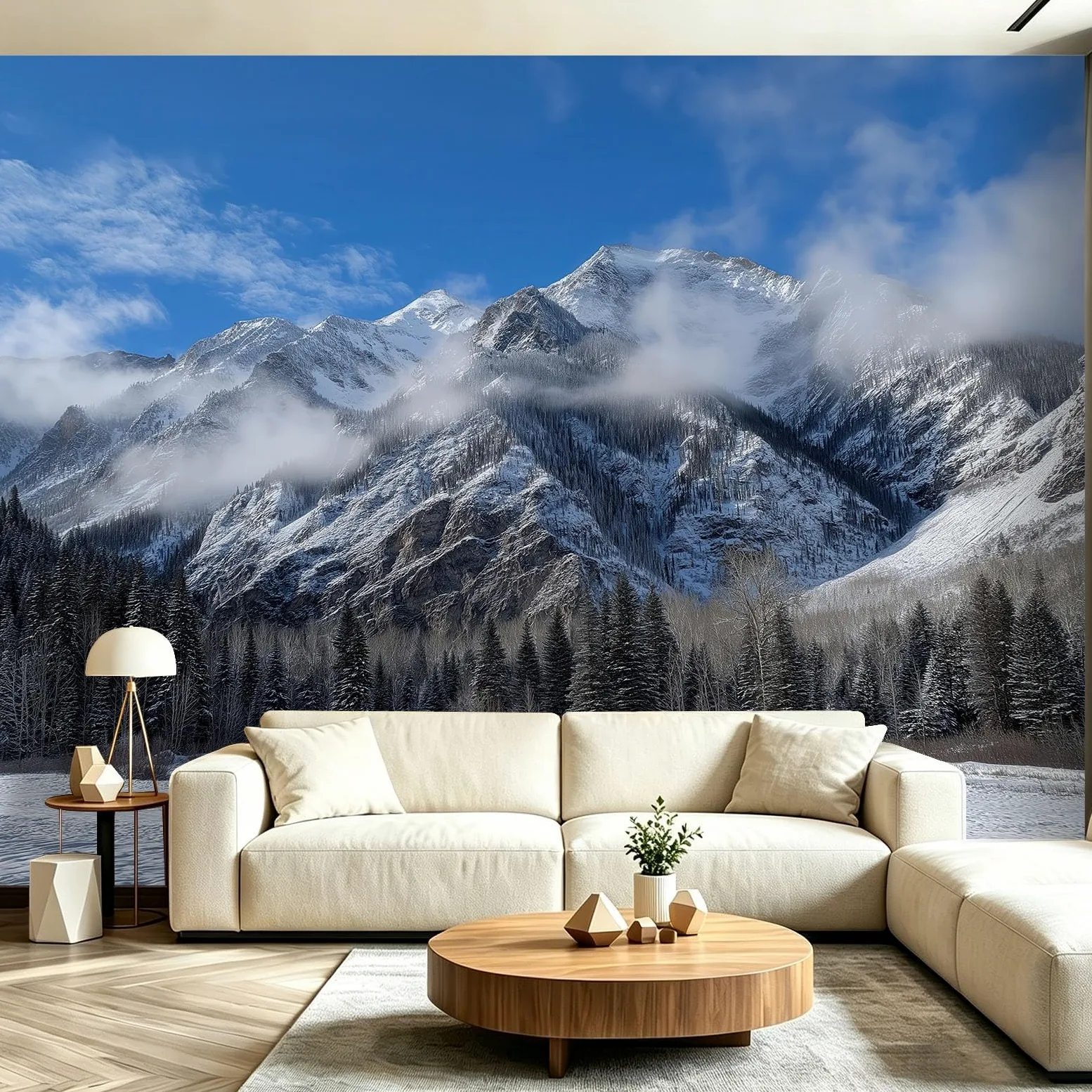 Natura, krajobraz, flizelina, fototapeta do sypialni, przy łóżku i przedpokoju, 250 x 175 cm, niewklejony efekt 3D, duży plakat fotograficzny, śnieżne góry, sosna, las mgiełka