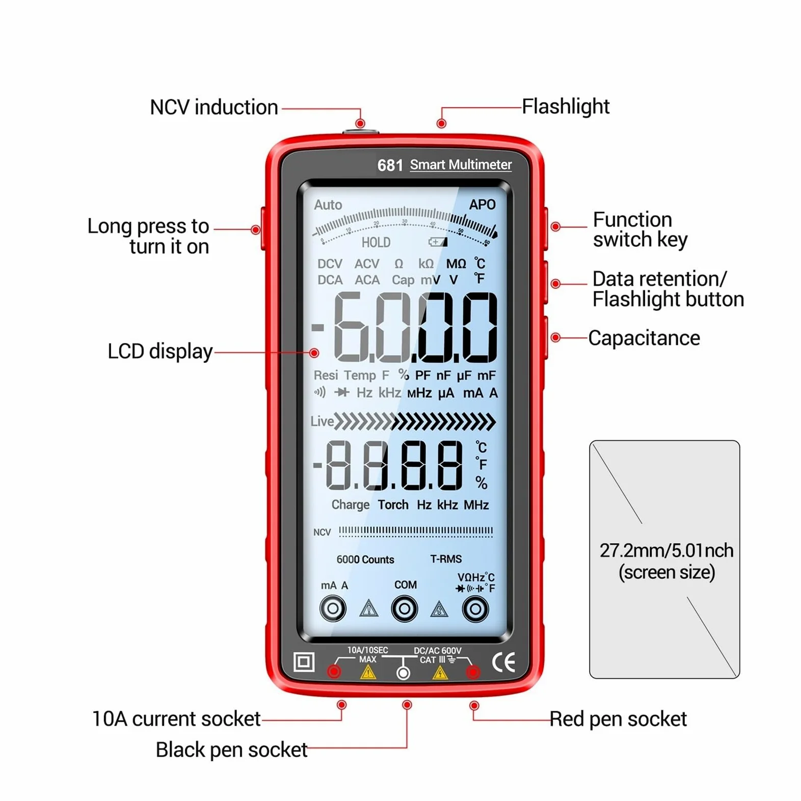 Multimetr Cyfrowy 6000 Zliczeń Smart Anti-burn Recharg Uniwersalny Miernik Tester NCV 5-calowa Podświetlana Latarka LCD(683 Red)