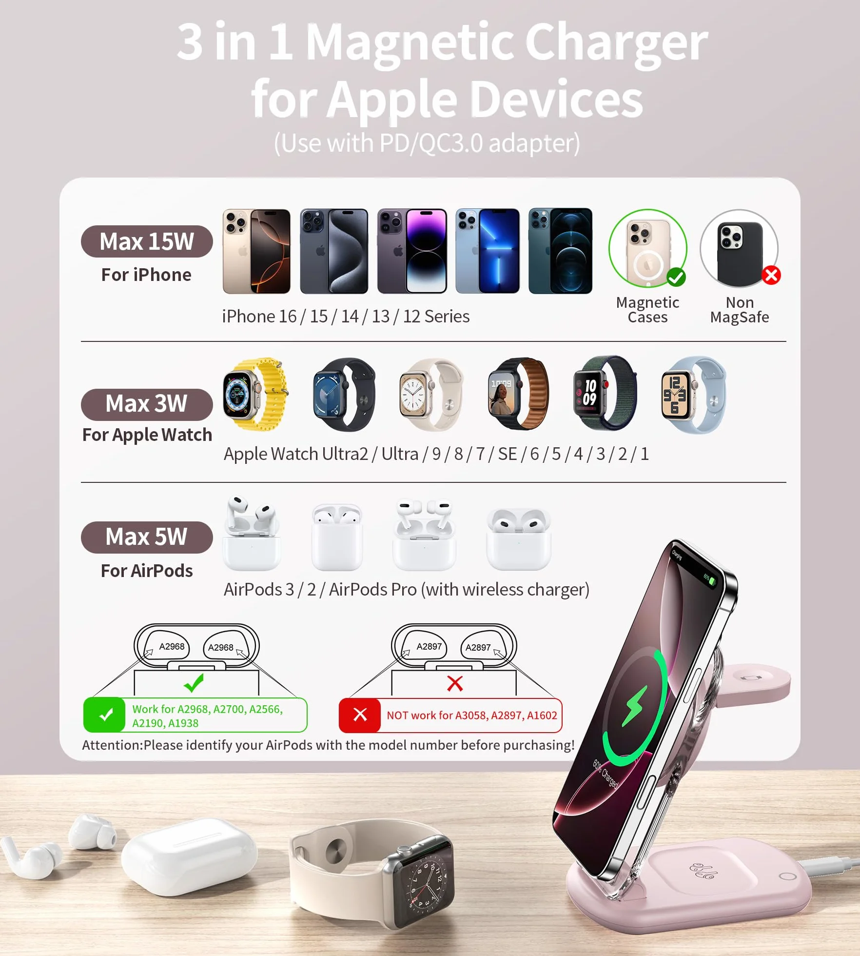 Magnetyczna bezprzewodowa stacja ładująca 3 w 1 do Apple iPhone 16 15 14 Apple Watch AirPods Pro