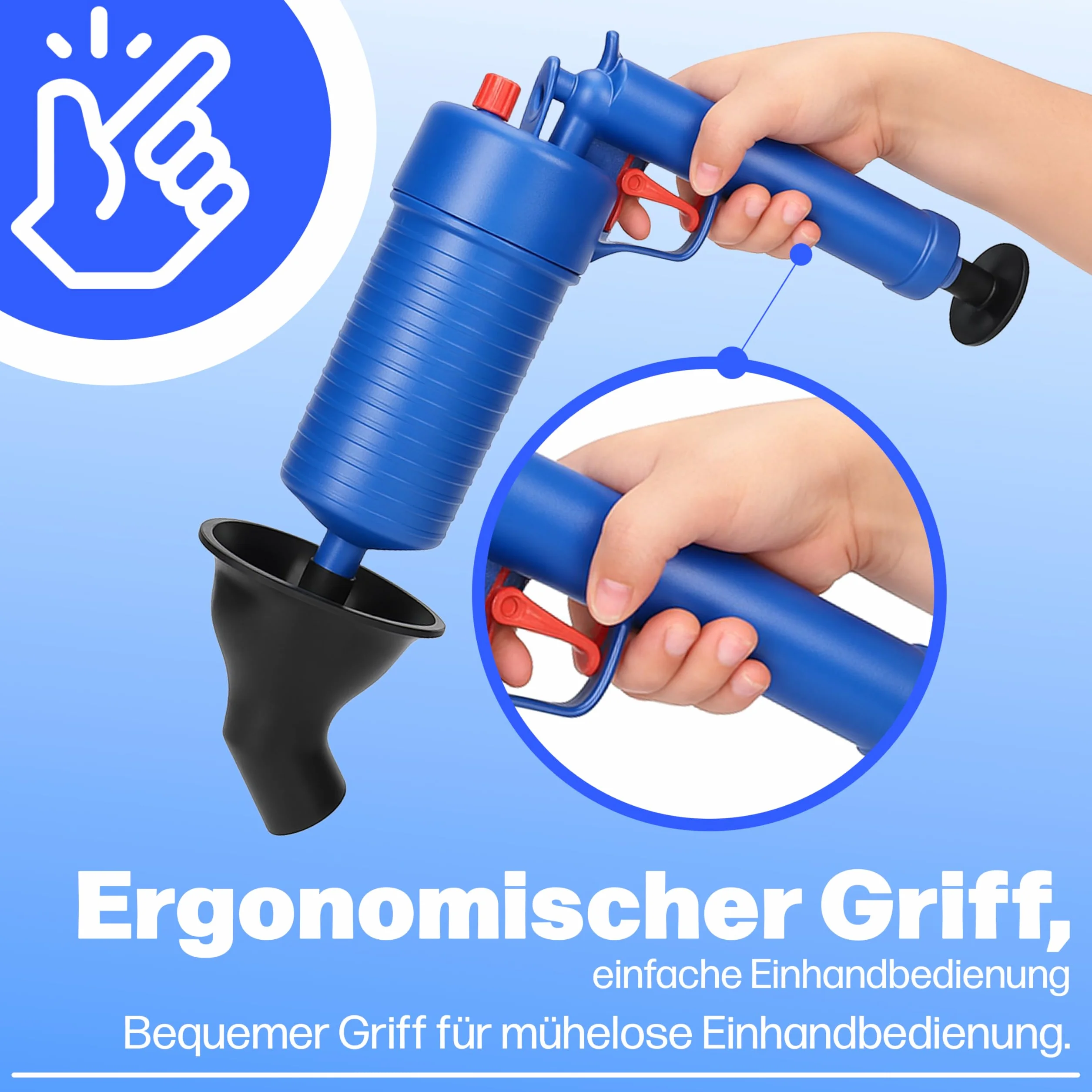 Retoo Pistolet do czyszczenia rur, preparat z 4 gumowymi adapterami, sprężone powietrze, urządzenie do usuwania zatorów rur do toalety, prysznica, umywalki, toalety, kuchni, niebieski