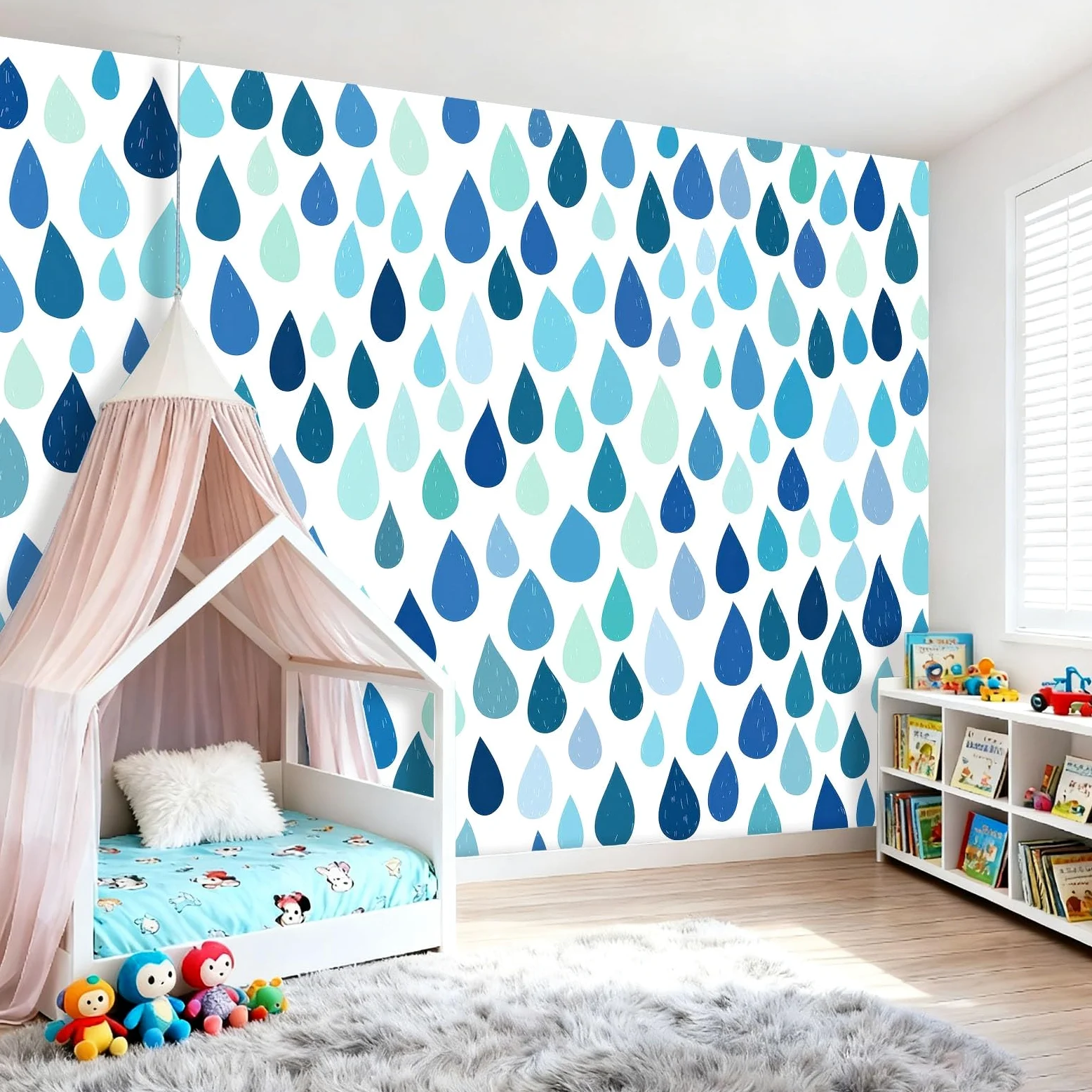 Minimalistyczny geometryczny mural ścienny z włókniny do sypialni, przy łóżku i przedpokoju, ściana akcentująca, 300 x 210 cm, niewklejony efekt 3D, duży plakat z fototapetą, niebieskie krople deszczu