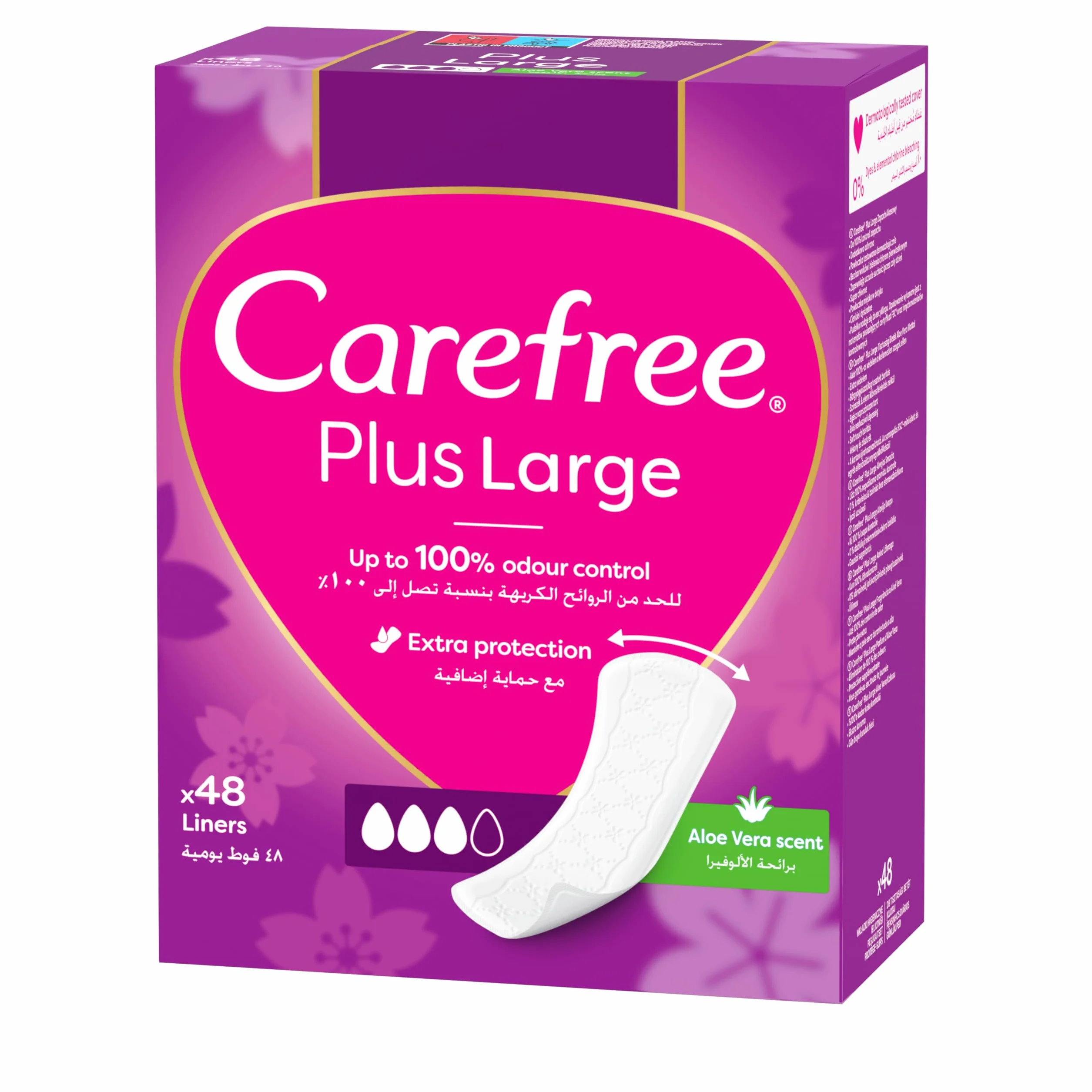Carefree Plus Aloe 48 szt. Wkładki higieniczne o świeżym zapachu, Kontrolują nieprzyjemny zapach do 12 godzin. Szersze od wkładek standardowych, Nie zawierają barwników, niebielone chlorem.