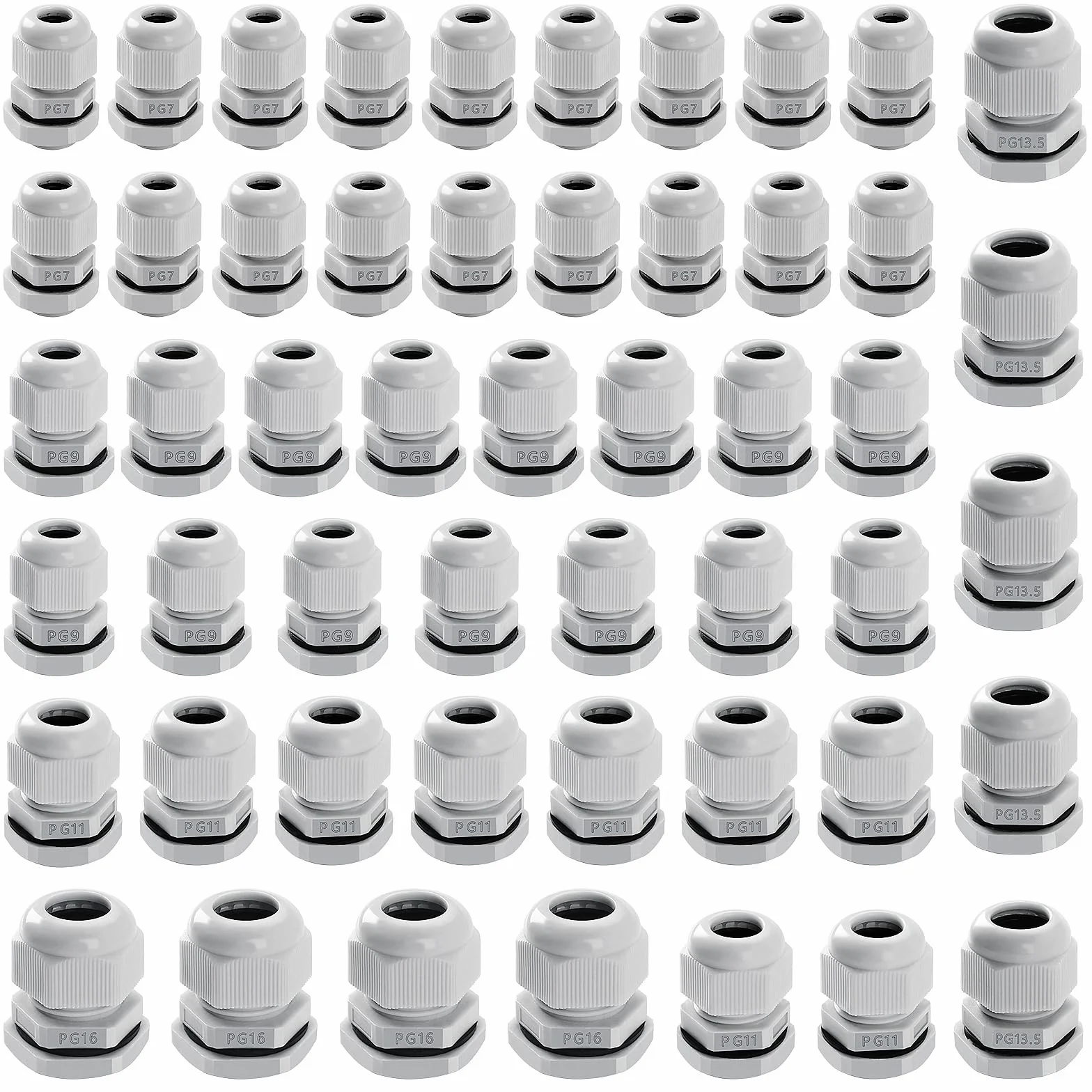 50 Sztuk PG7 PG9 PG11 PG13.5 PG16 Zestaw Dławików Kablowych, Nylonowy Wodoodporny Dławik Kablowy IP68 do Kabli 3-14 mm, Biały